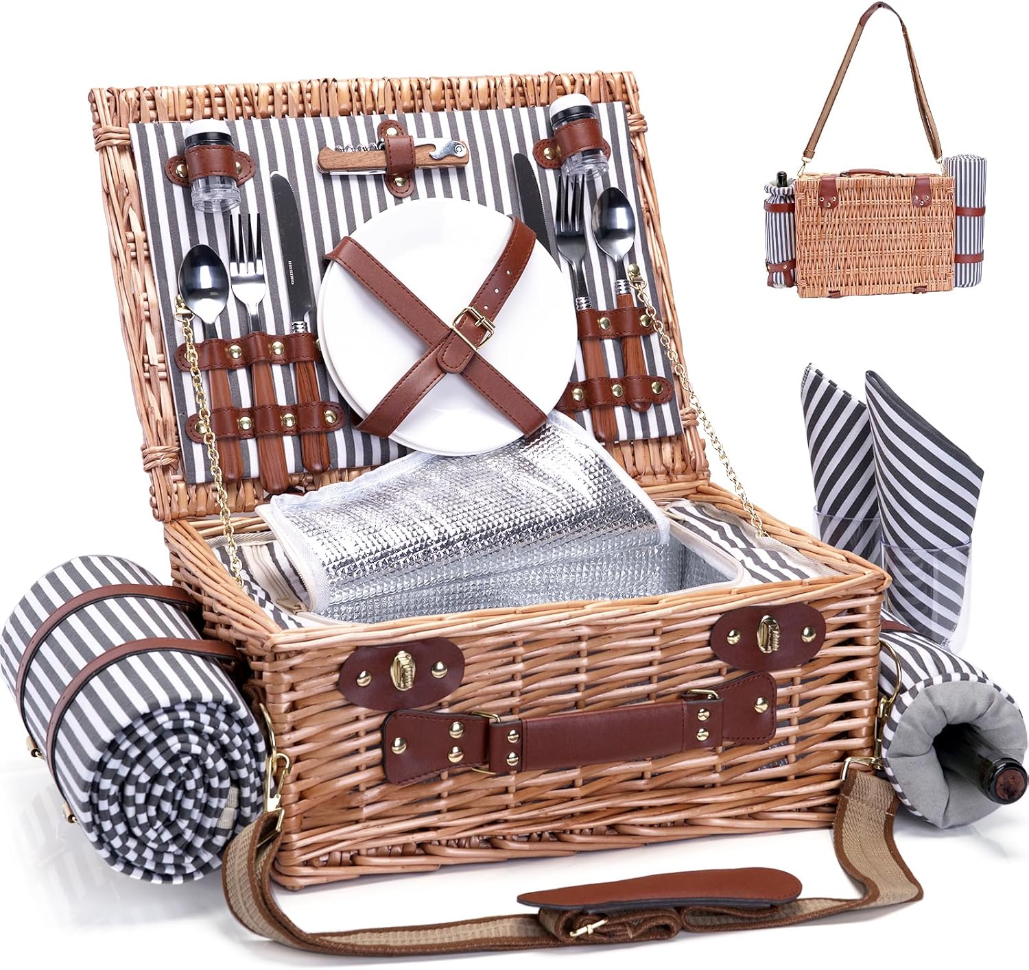 Picnic Basket with Blanket and Wine Pouch for 2 Wicker Picnic Set with Insulated Liner Cooler Bag Hamper for Camping,Wedding - Stripes