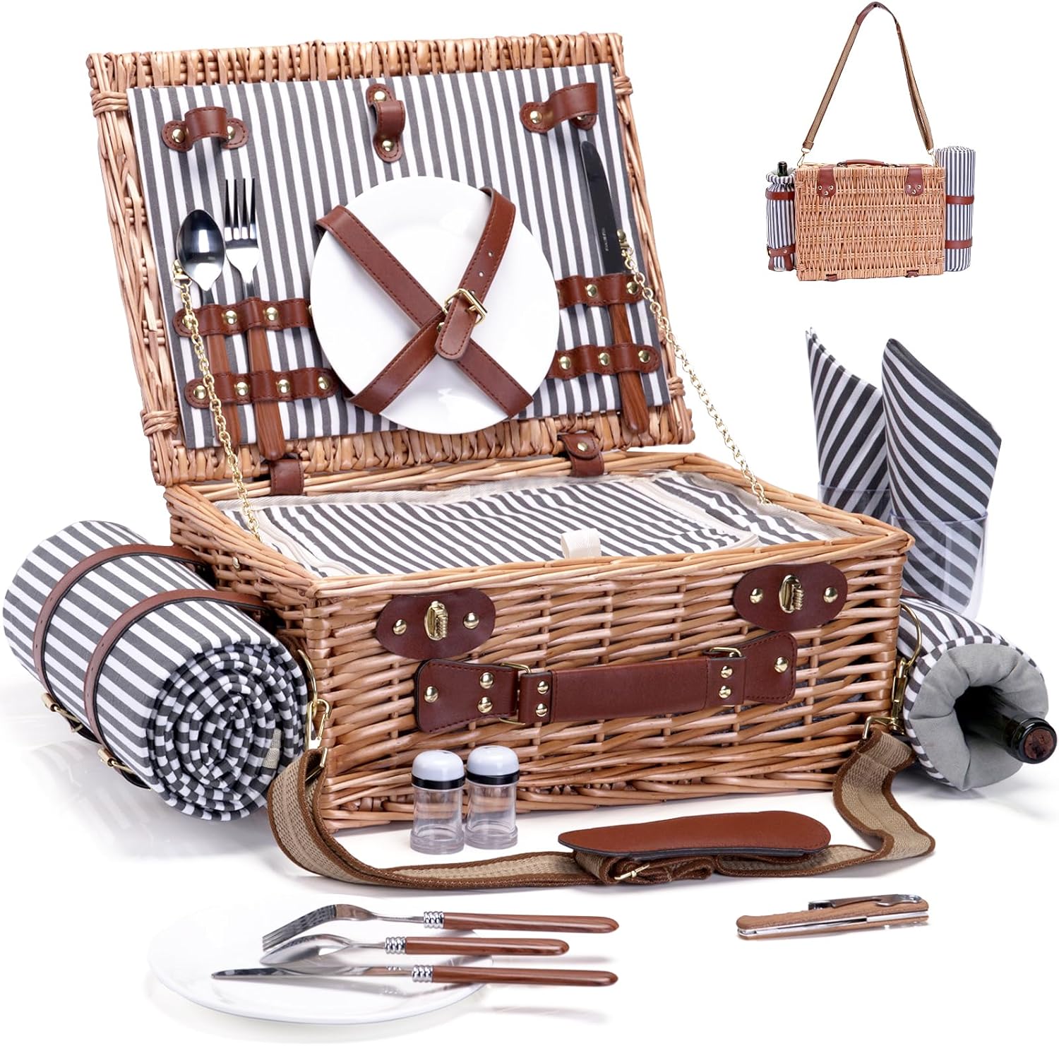 Picnic Basket with Blanket and Wine Pouch for 2 Wicker Picnic Set with Insulated Liner Cooler Bag Hamper for Camping,Wedding - Stripes - Image 6