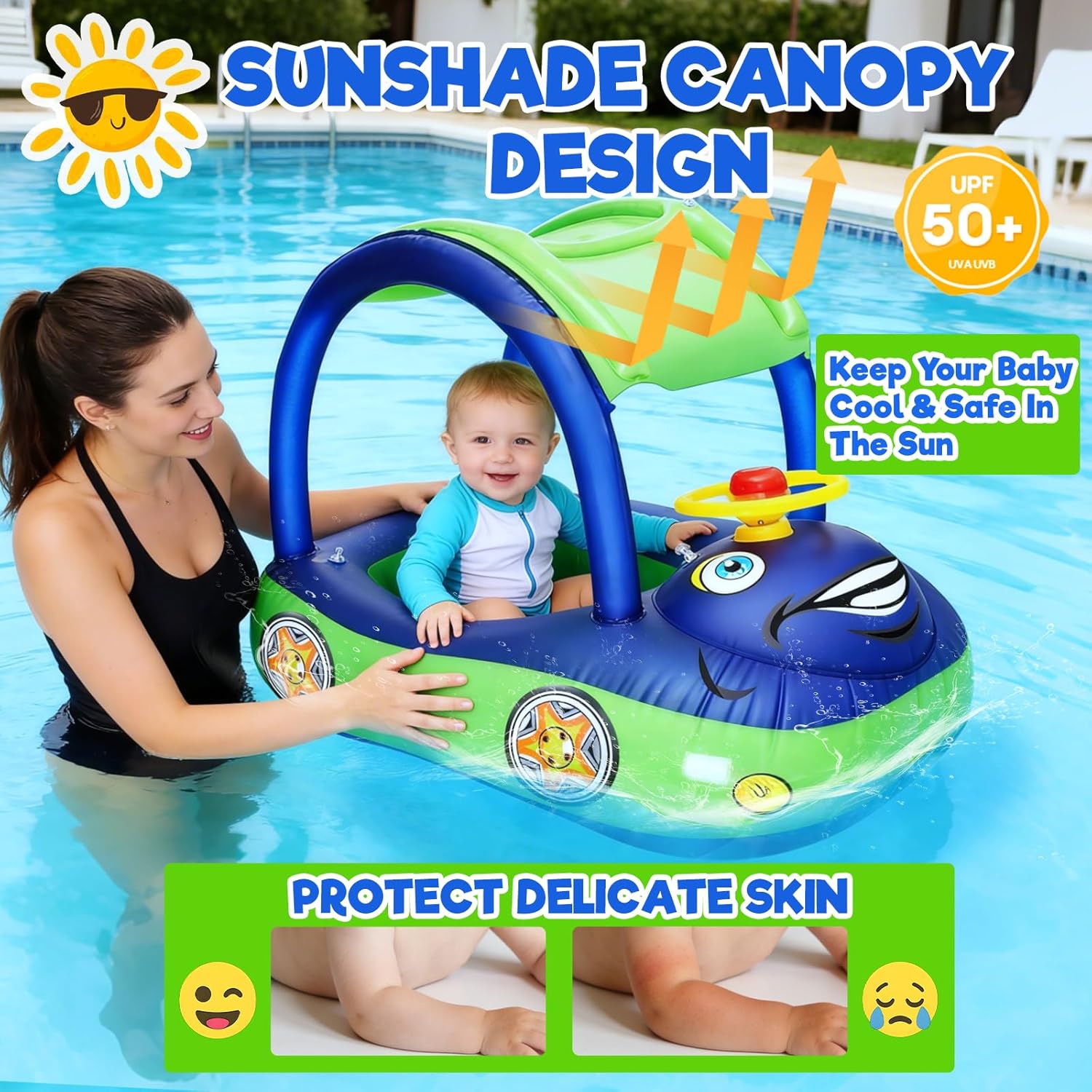 iGeeKid Inflatable Baby Pool Float with Canopy, Safty Seat for Infant Baby Swim Float Rings Car Shaped Swimming Pool Floaties for Babies Toddler Age of 18-36 Months (Blue) - Image 2