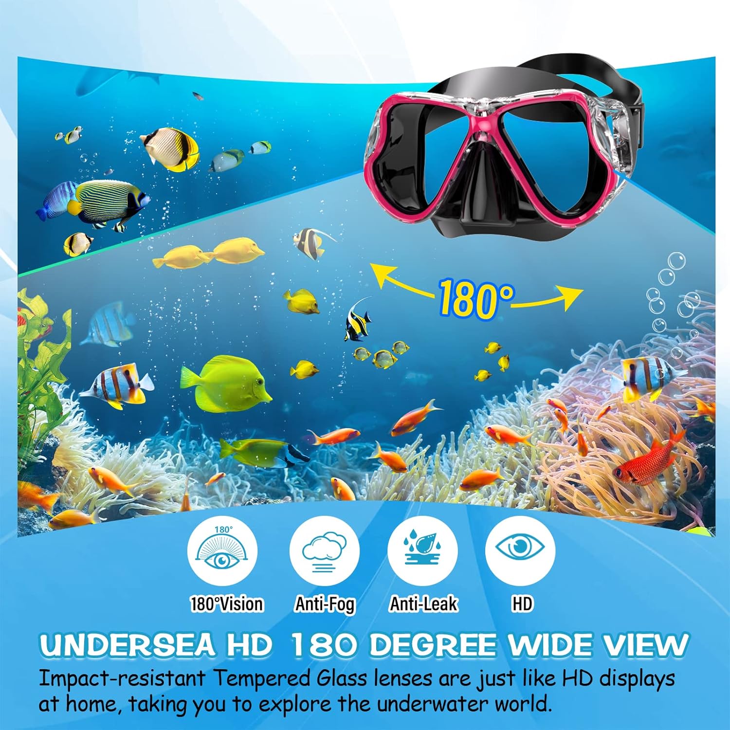 Greatever Dry Snorkel Set,Panoramic Wide View Anti-Fog Scuba Diving Mask,Professional Snorkeling Gear for Adults Kids - Image 2