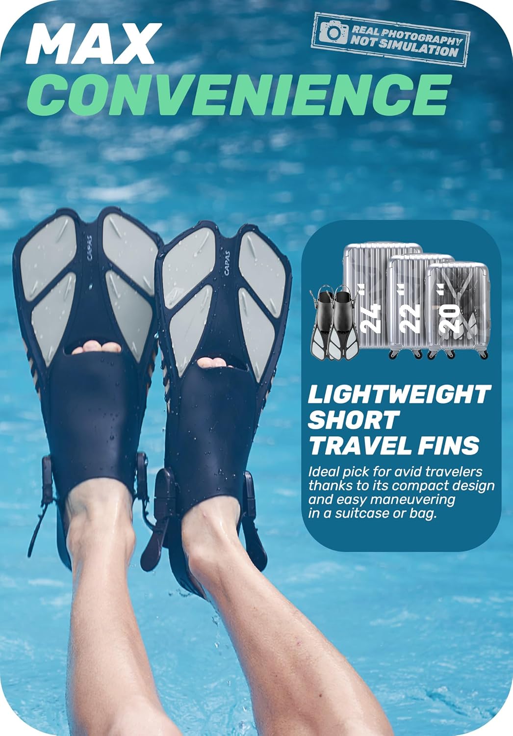 CAPAS Snorkel Fins, Swim Fins Travel Size Short Adjustable for Snorkeling Diving Adult Men Women Kids Open Heel Swimming Flippers - Image 6