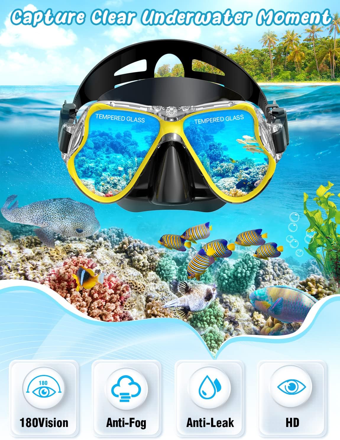 Zenoplige Mask Fins Snorkel Set, Snorkeling Gear for Adults, Panoramic View Snorkel Mask Anti-Fog, Adjustable Dive Flippers, Dry Top Snorkel and Travel Bag, Scuba Gear for Swimming Snorkeling Diving - Image 2