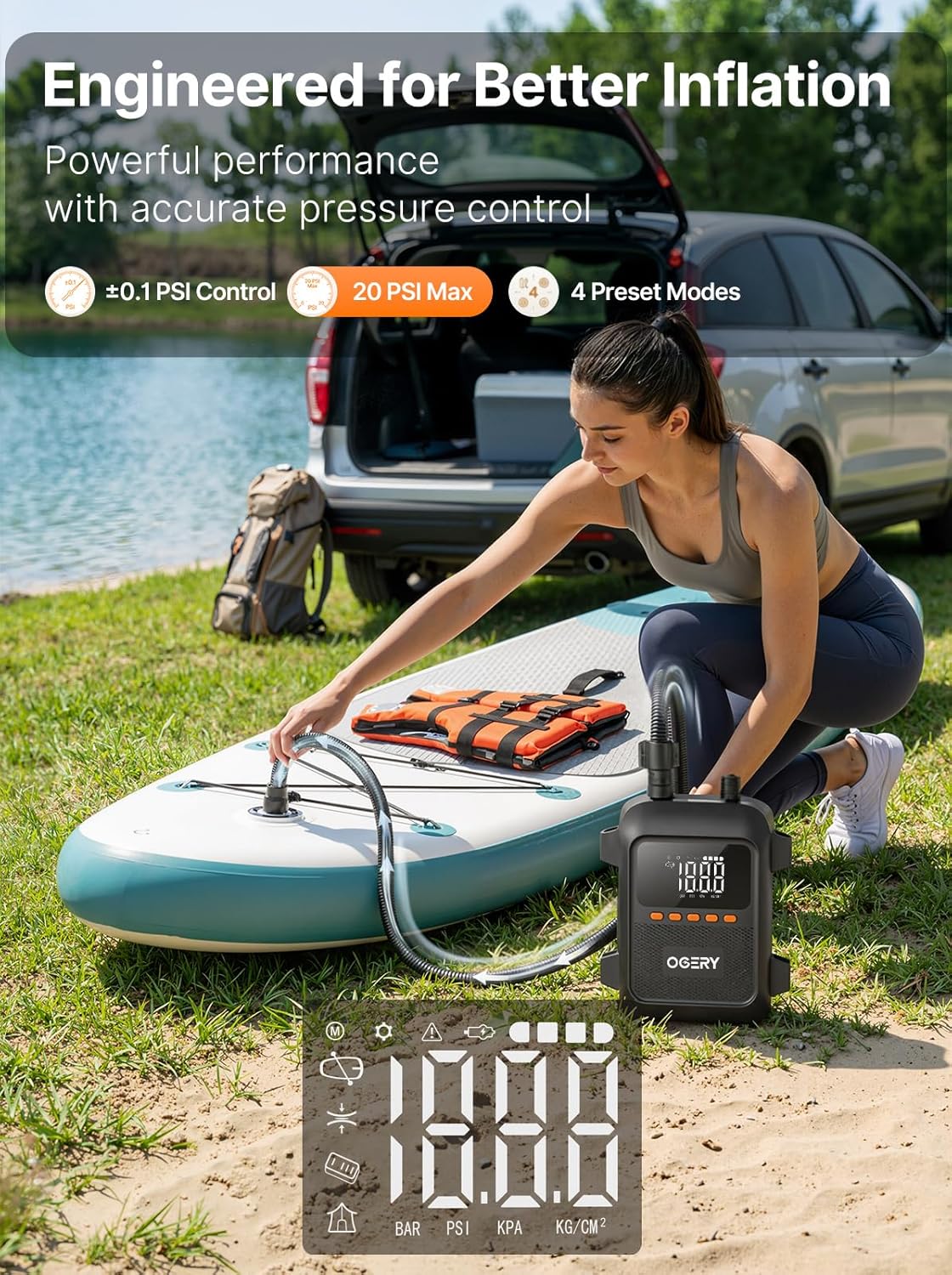 OGERY Paddle Board Electric Pump with Safe & 30% Faster Dual Stage Inflation & Deflation, Up to 20PSI, Smart Auto-Off and Powerful Rechargeable Compact Air Pump for Sup Inflatable Beds Tent Boats - Image 2