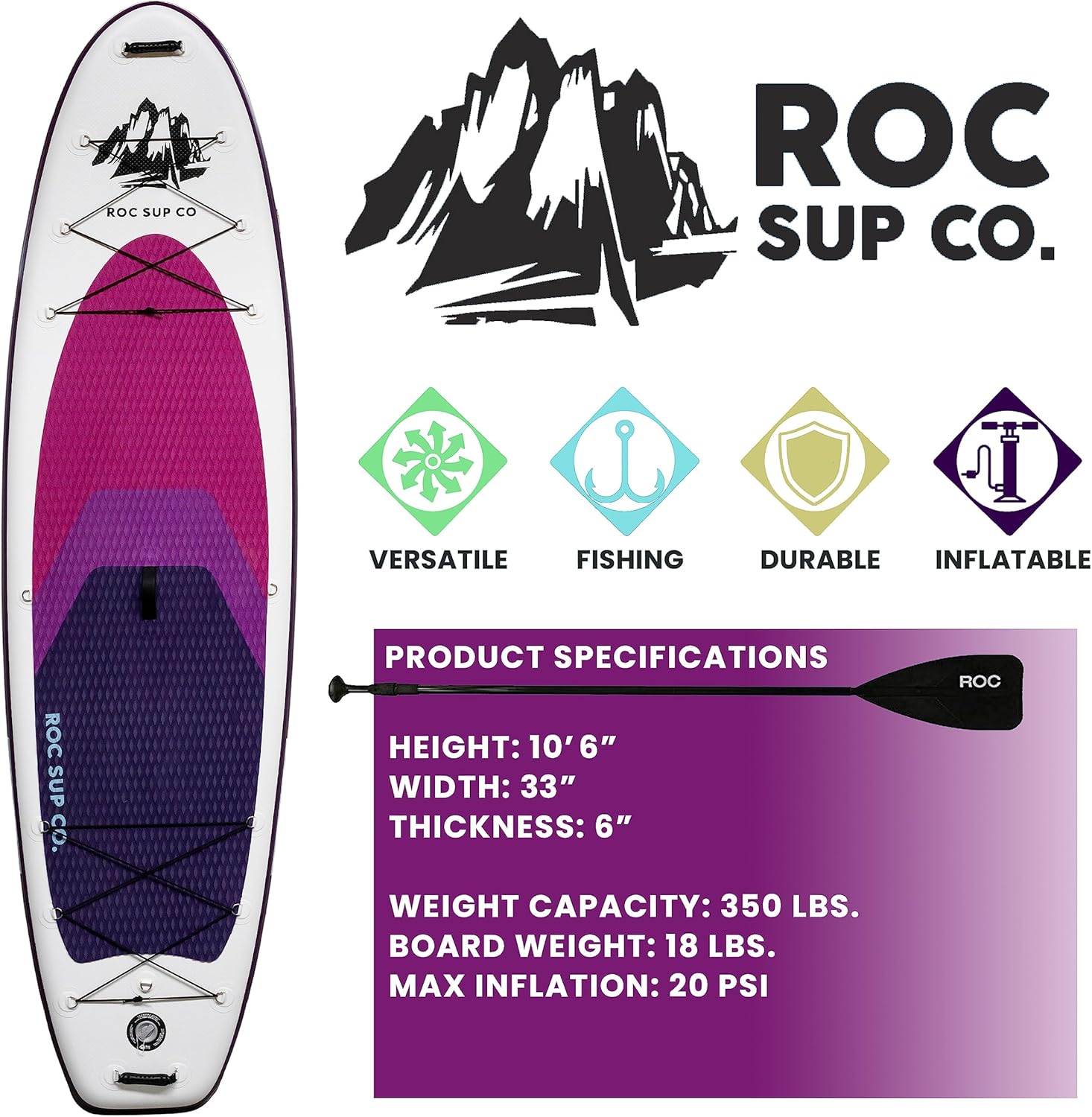 Roc Inflatable Stand Up Paddle Board 10' 6" with Premium SUP Paddle Board Accessories, Wide Stable Design, Non-Slip Comfort Deck for Youth & Adults - Image 3