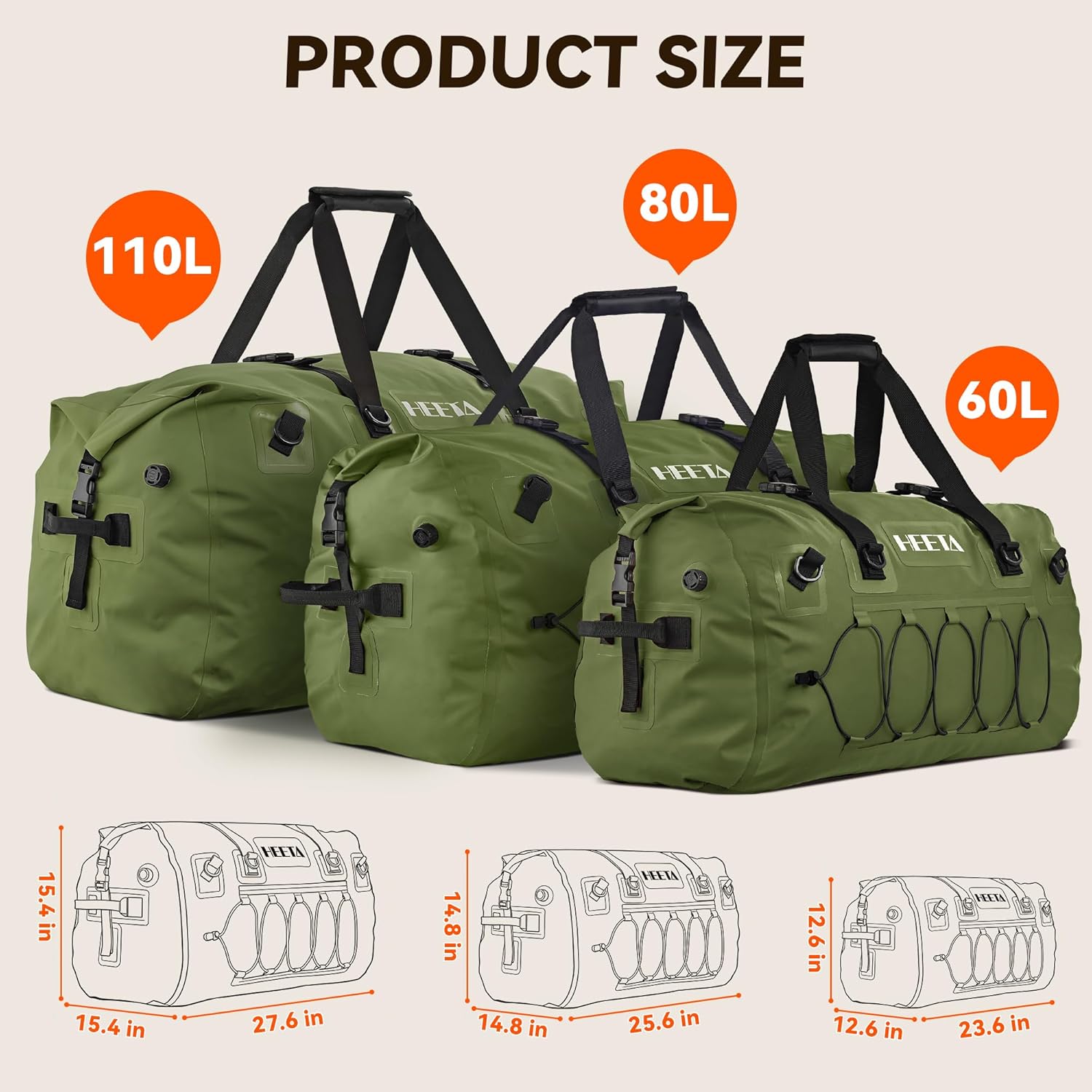 HEETA Waterproof Duffel Bag Motorcycle Dry Bag Backpack, 60L/80L Extra Large Rolltop Travel Duffle Bags with Straps & Handles for Kayaking Rafting Boating Canoeing Camping Gym Beach Cruise Ship - Image 5