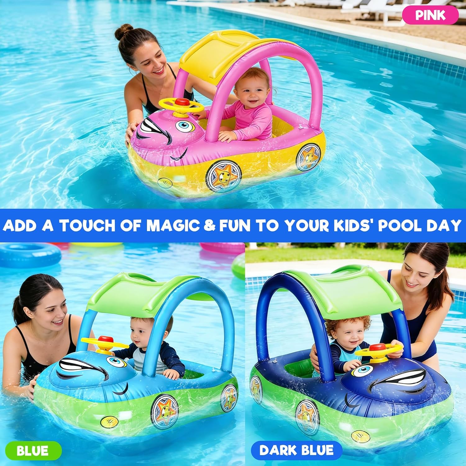 iGeeKid Inflatable Baby Pool Float with Canopy, Safty Seat for Infant Baby Swim Float Rings Car Shaped Swimming Pool Floaties for Babies Toddler Age of 18-36 Months (Blue) - Image 4