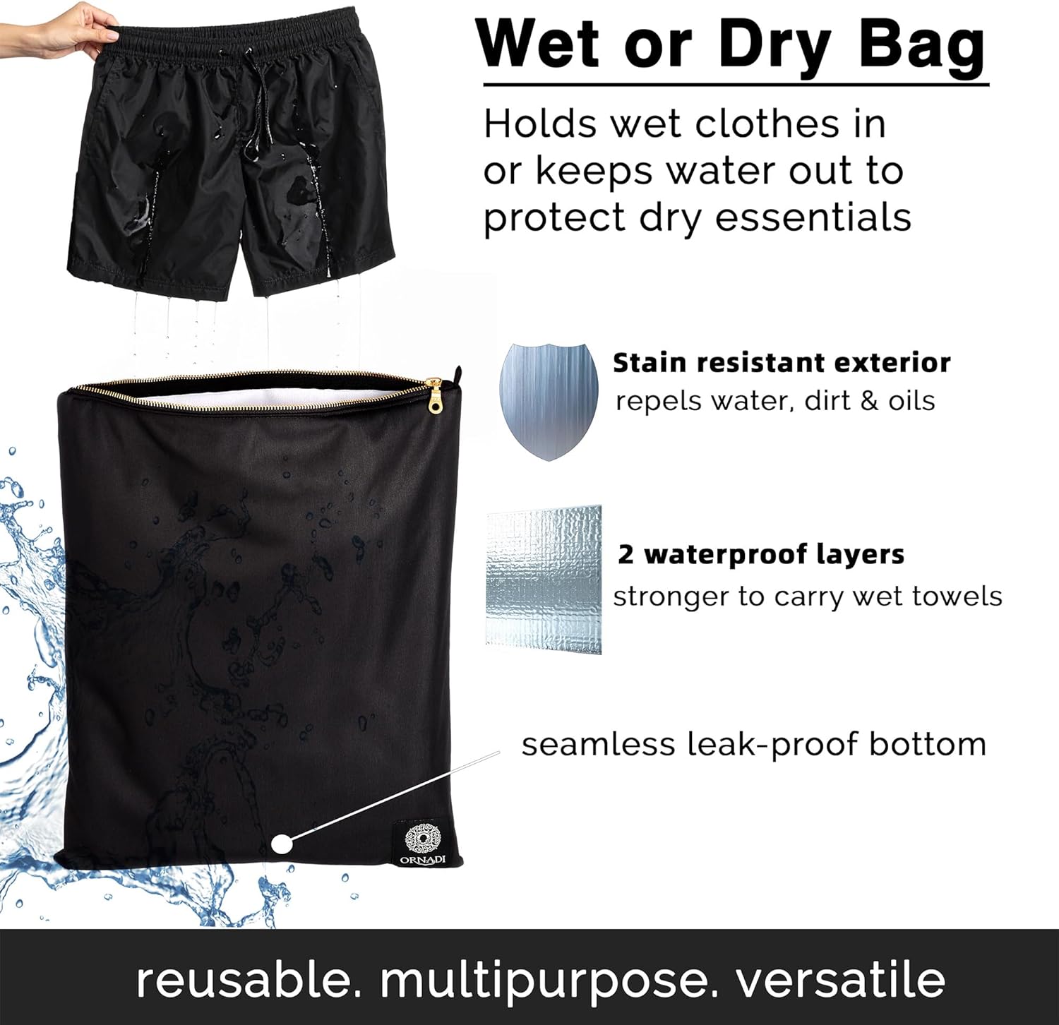 Wet Gym Clothes Bag Waterproof Antimicrobial Sack Inhibits Bacteria & Odor from Dirty Laundry, Swimsuits, Sweaty Shoes for Smell Proof Travel 14 X 17.5" Made in USA by Ornadi - Image 4