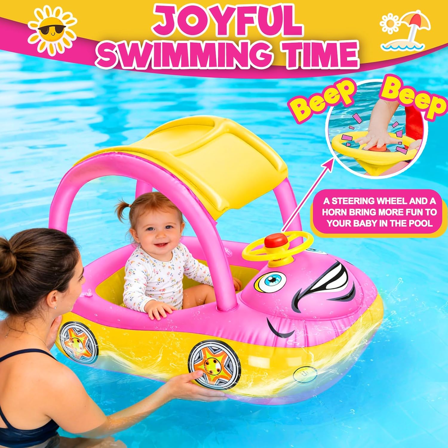iGeeKid Inflatable Baby Pool Float with Canopy, Safty Seat for Infant Baby Swim Float Rings Car Shaped Swimming Pool Floaties for Babies Toddler Age of 18-36 Months (Pink) - Image 3