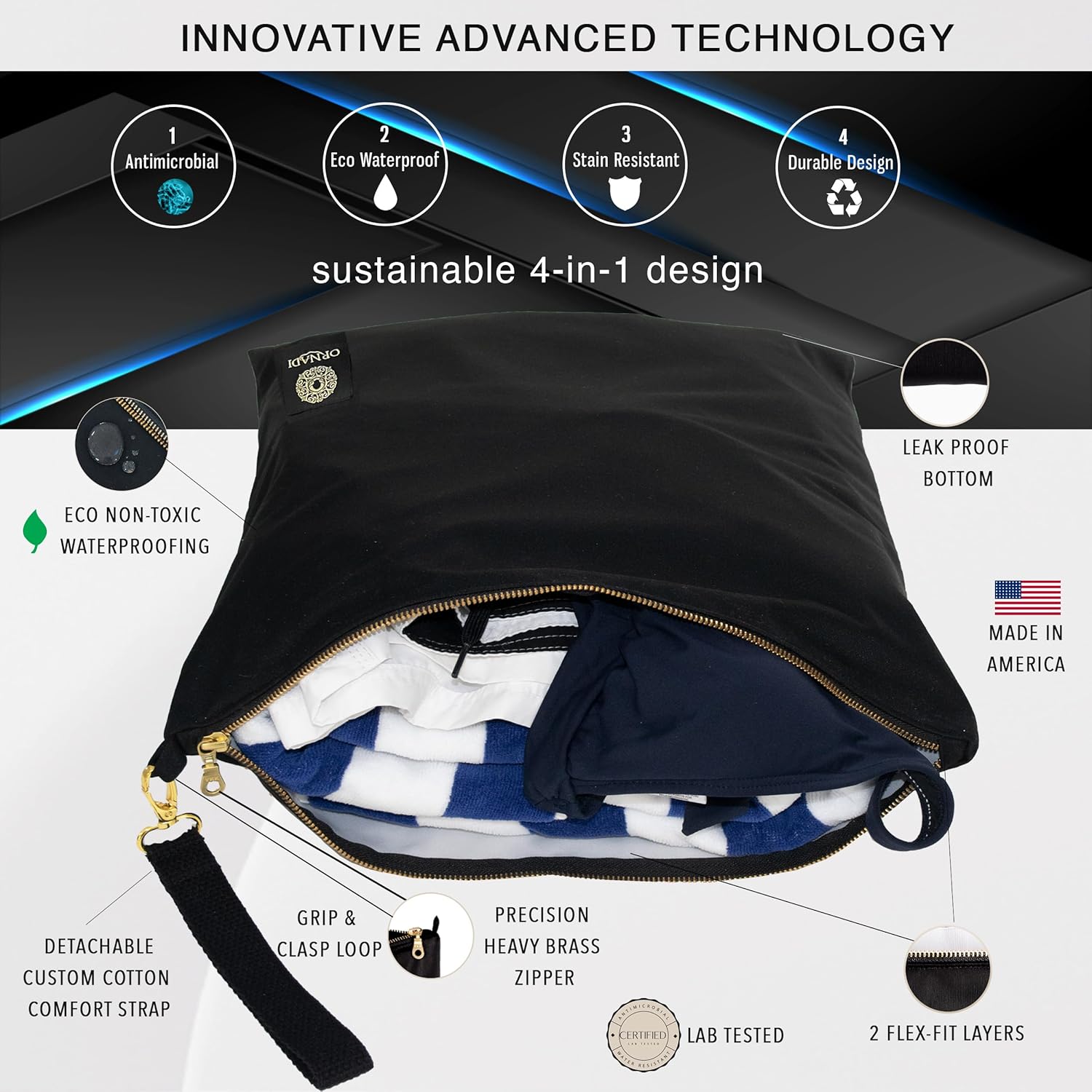 Ornadi X Large Antimicrobial Wet Dry Bag - Odor Proof for Sweaty Gym Clothes, Swimsuit & Towels, Dirty Travel Laundry, Waterproof, Leak Proof, Made in USA 17 x 23.5” - Image 5