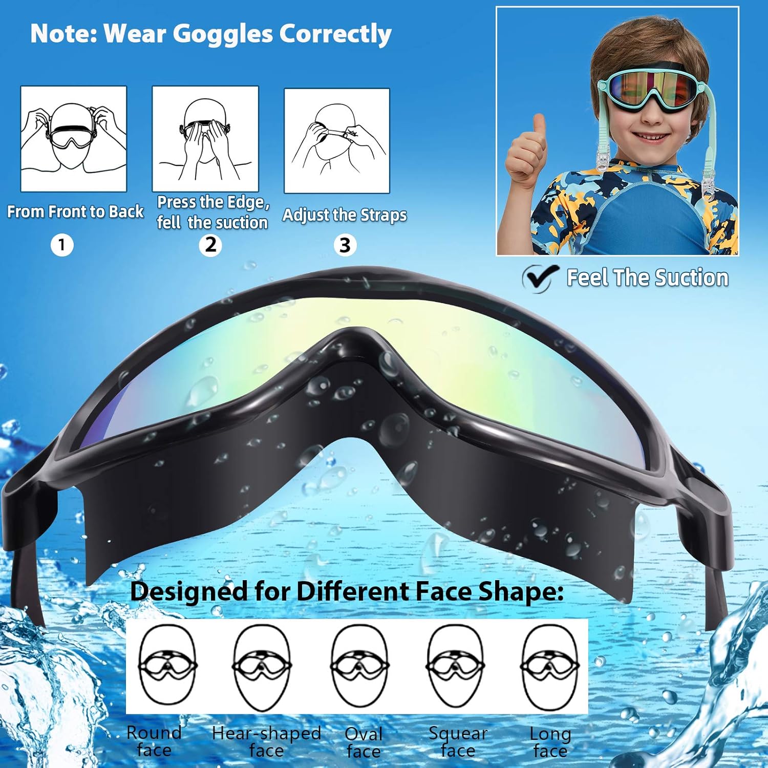Seago Swim Goggles 2 Pack Anti-Fog Anti-UV Wide View Swimming Goggles for Kids 3-14 - Image 3