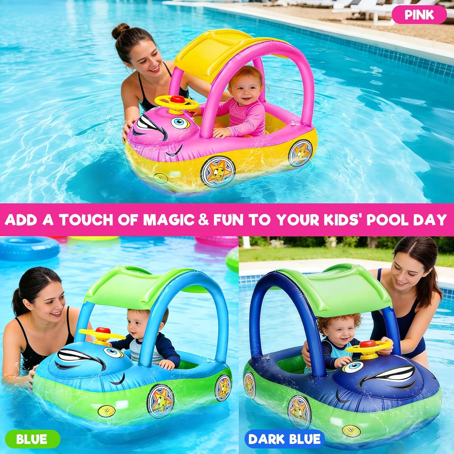 iGeeKid Inflatable Baby Pool Float with Canopy, Safty Seat for Infant Baby Swim Float Rings Car Shaped Swimming Pool Floaties for Babies Toddler Age of 18-36 Months (Pink) - Image 4