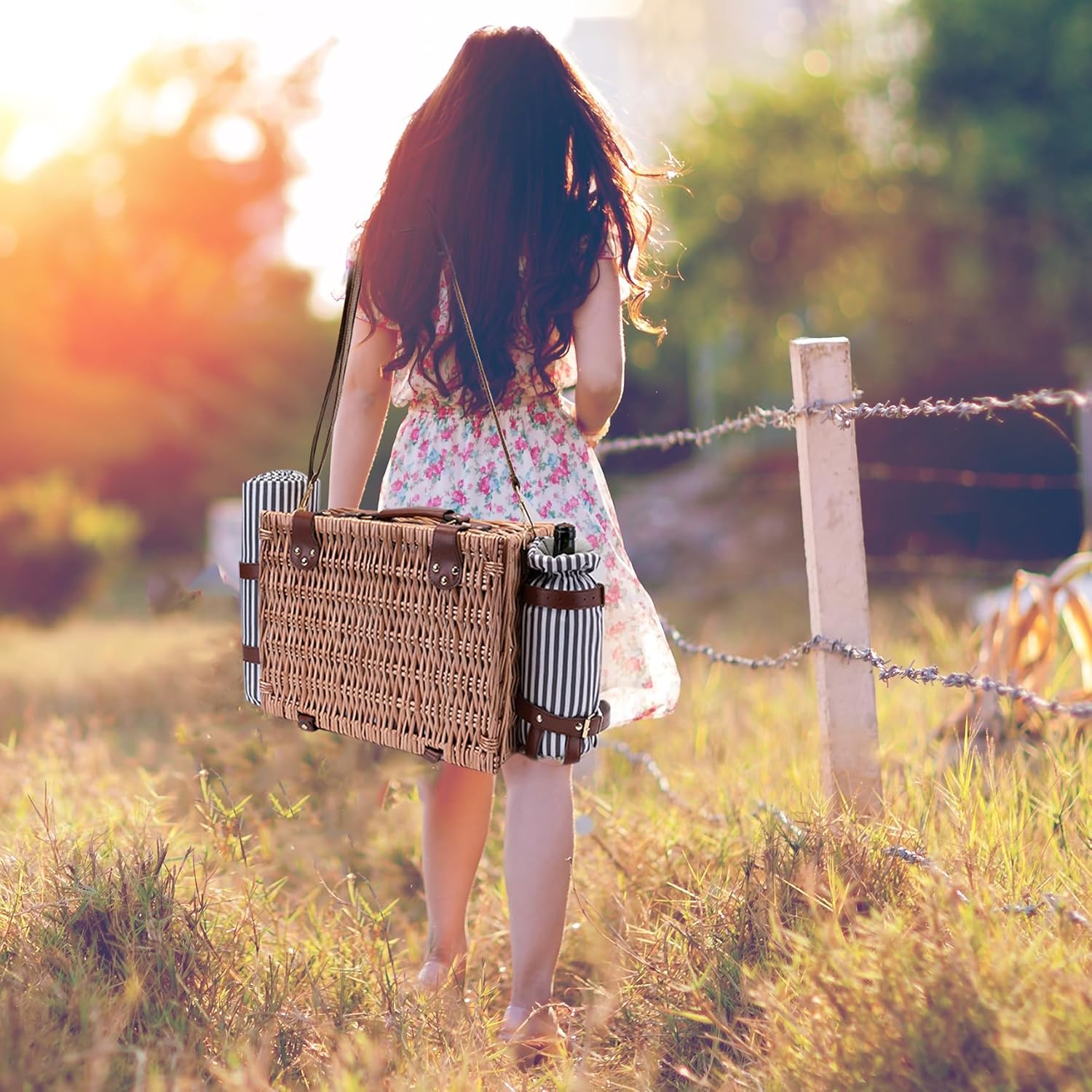 Picnic Basket with Blanket and Wine Pouch for 2 Wicker Picnic Set with Insulated Liner Cooler Bag Hamper for Camping,Wedding - Stripes - Image 4