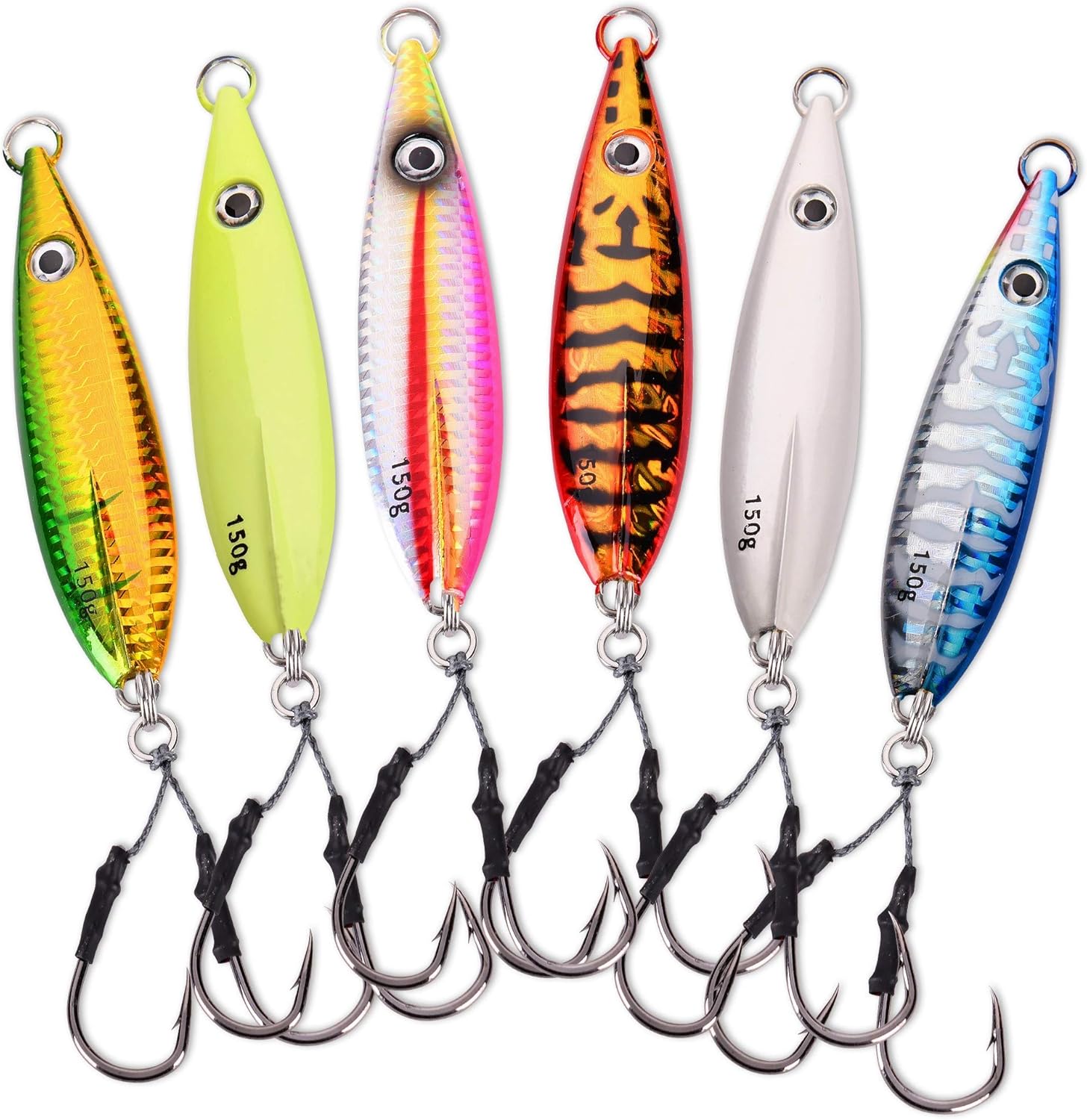 Calissa Offshore Tackle Fast Fall Jig 80g 150g 250g 300LBS Assist Hooks 3/0 Butterfly - Vertical Speed Lure Slow Pitch Flat - Glow Color Painted on Both Sides