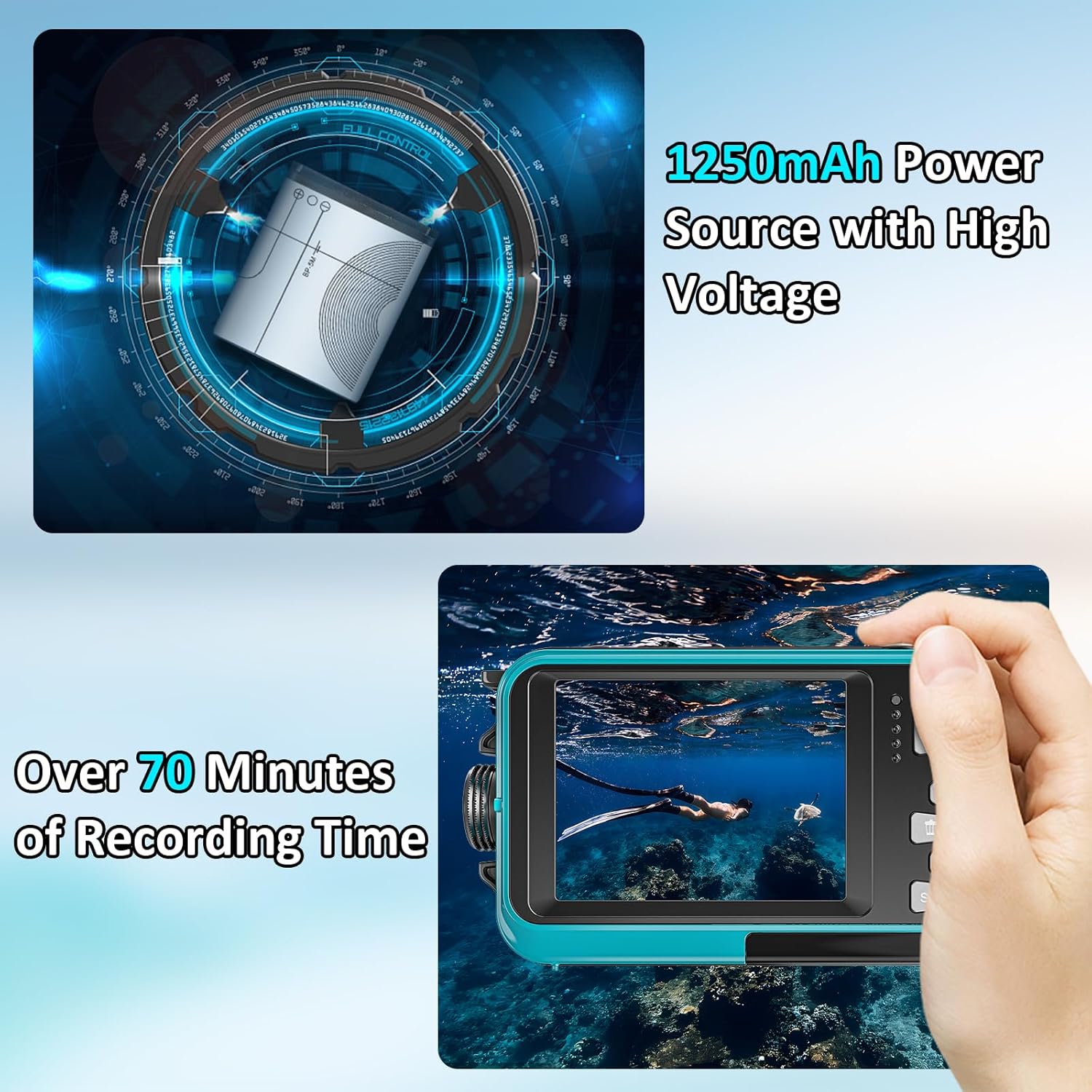 4K Underwater Camera 16FT Waterproof Camera with 32GB Card 64MP Autofocus Dual-Screen Selfie Underwater Camera for Snorkeling Waterproof Compact Floatable Digital Camera 1250mAh Battery Type-C (Blue) - Image 5