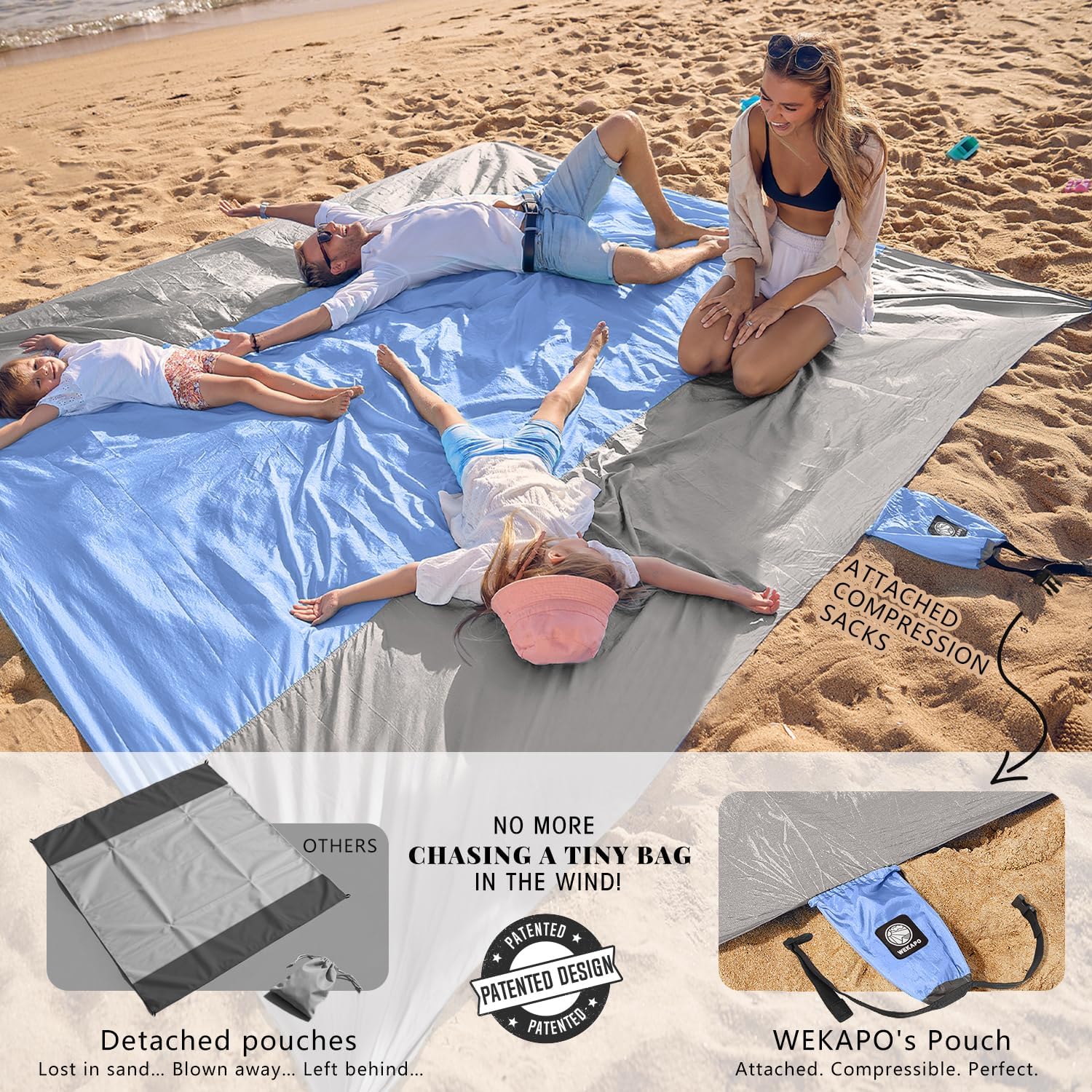 WEKAPO Beach Blanket Sandproof Waterproof, Extra Large Beach Mat, Oversized & Compact Sand Free, Quick Drying Beach Essentials for Vacation, Cruise, Picnic & Camping with Stakes - Image 3