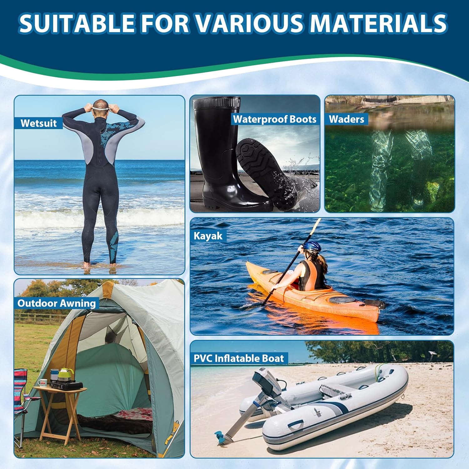 Wetsuit Repair Kit, Flexible Wader Repair Glue, Durable Waterproof Adhesive Seals Cracks, Rips, Tears & Holes on PVC Inflatables, Tents and More - Image 7