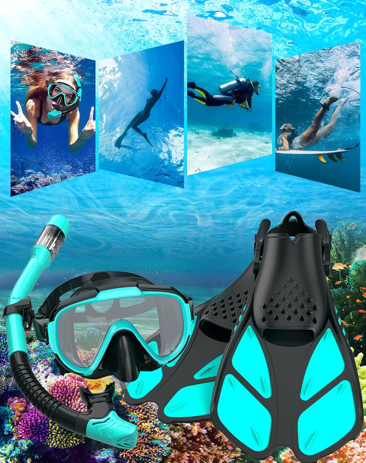 Snorkeling Gear for Adults Men Women,4 in 1 Snorkel Set with Panoramic View Diving Mask Anti-Fog Anti-Leak,Dry Top Snorkel,Fins and Travel Bag for Swimming,Snorkeling and Travel Diving - Image 7