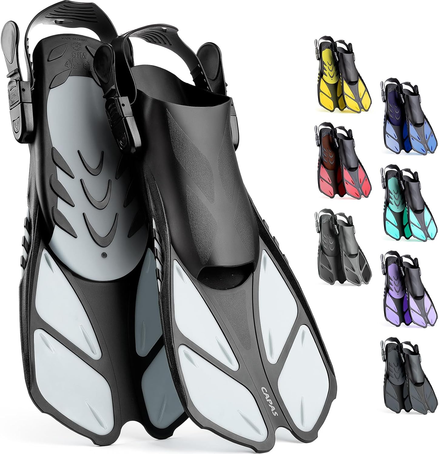 CAPAS Snorkel Fins, Swim Fins Travel Size Short Adjustable for Snorkeling Diving Adult Men Women Kids Open Heel Swimming Flippers