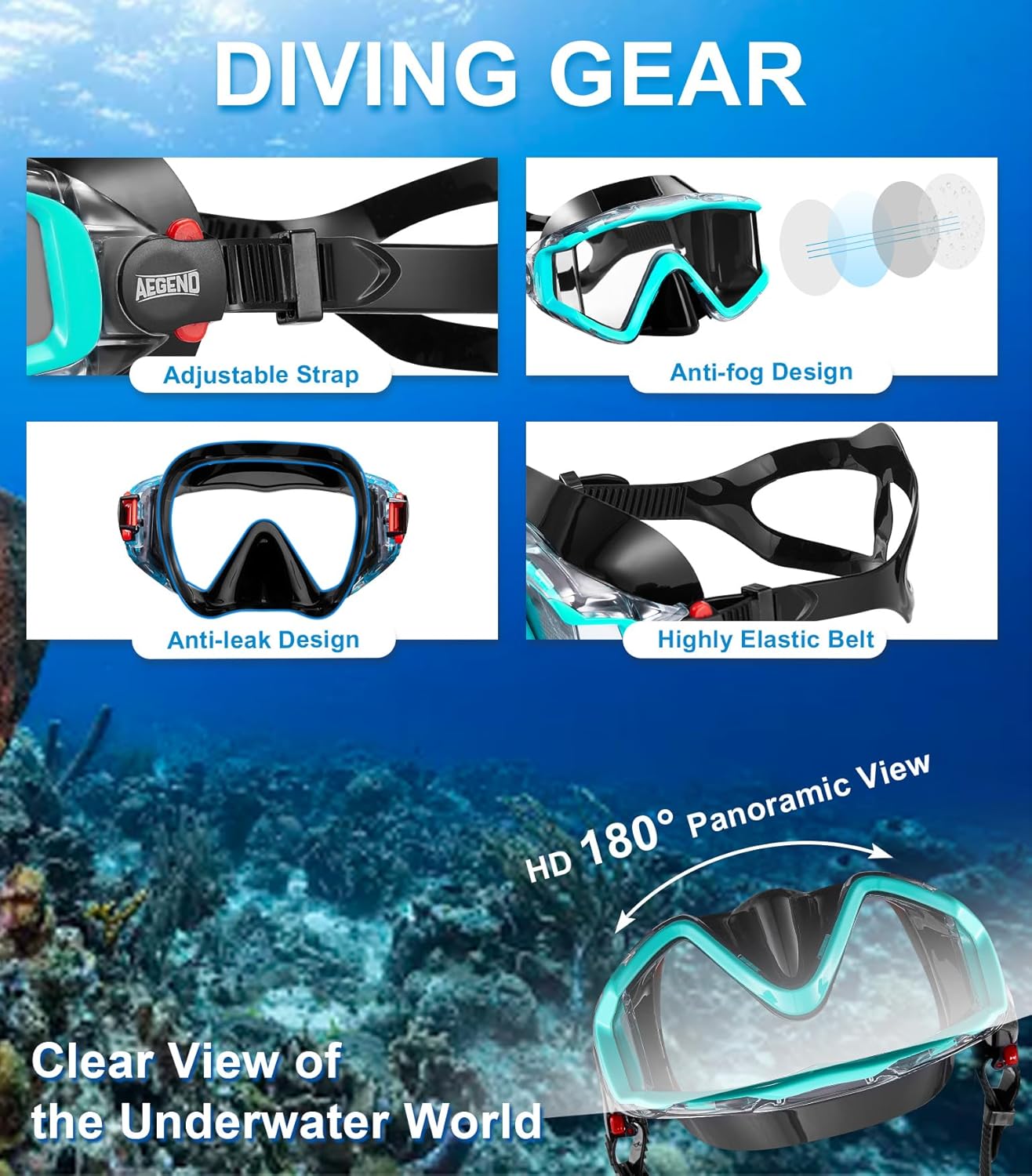 Aegend Snorkeling Gear for Adults Youth Kids, Snorkel Mask with Top Dry Valve - Panoramic View Anti-Leak and Anti-Fog with Mesh Bag for Snorkeling, Scuba Diving, Freediving & Swimming - Image 2