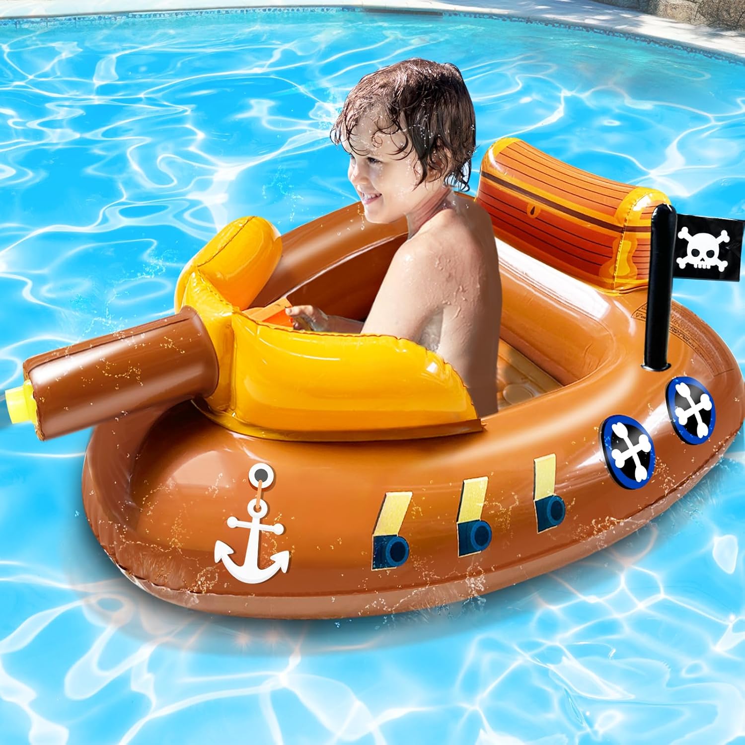 Inflatable Pirate Ship Pool Floats Kids 3-11 Years Toddler Pool Floaties with Water Cannon Gun Swimming Pool Toys Boys Girls Party Float Ride-on Floaty Rafts with Safety Seat Summer Outdoor Water Game
