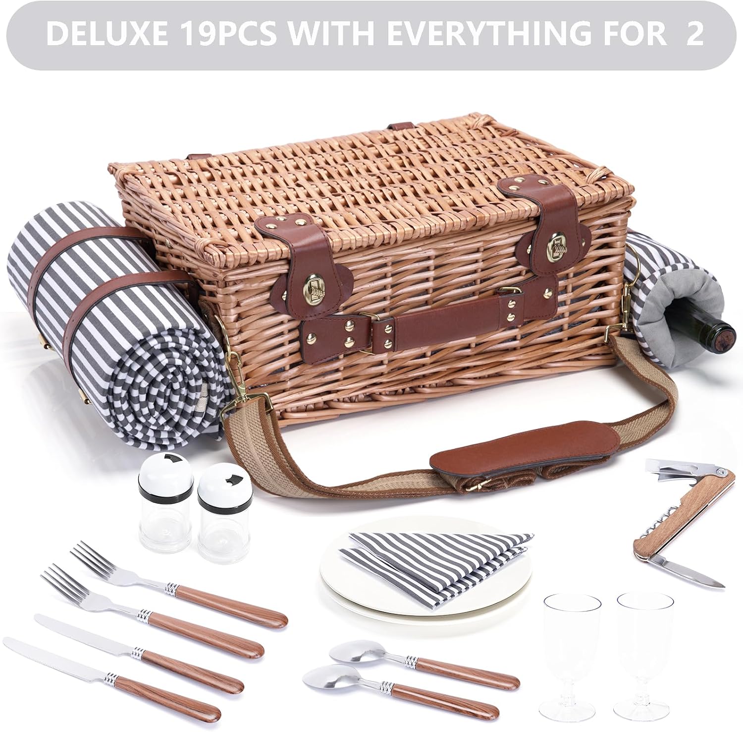 Picnic Basket with Blanket and Wine Pouch for 2 Wicker Picnic Set with Insulated Liner Cooler Bag Hamper for Camping,Wedding - Stripes - Image 5