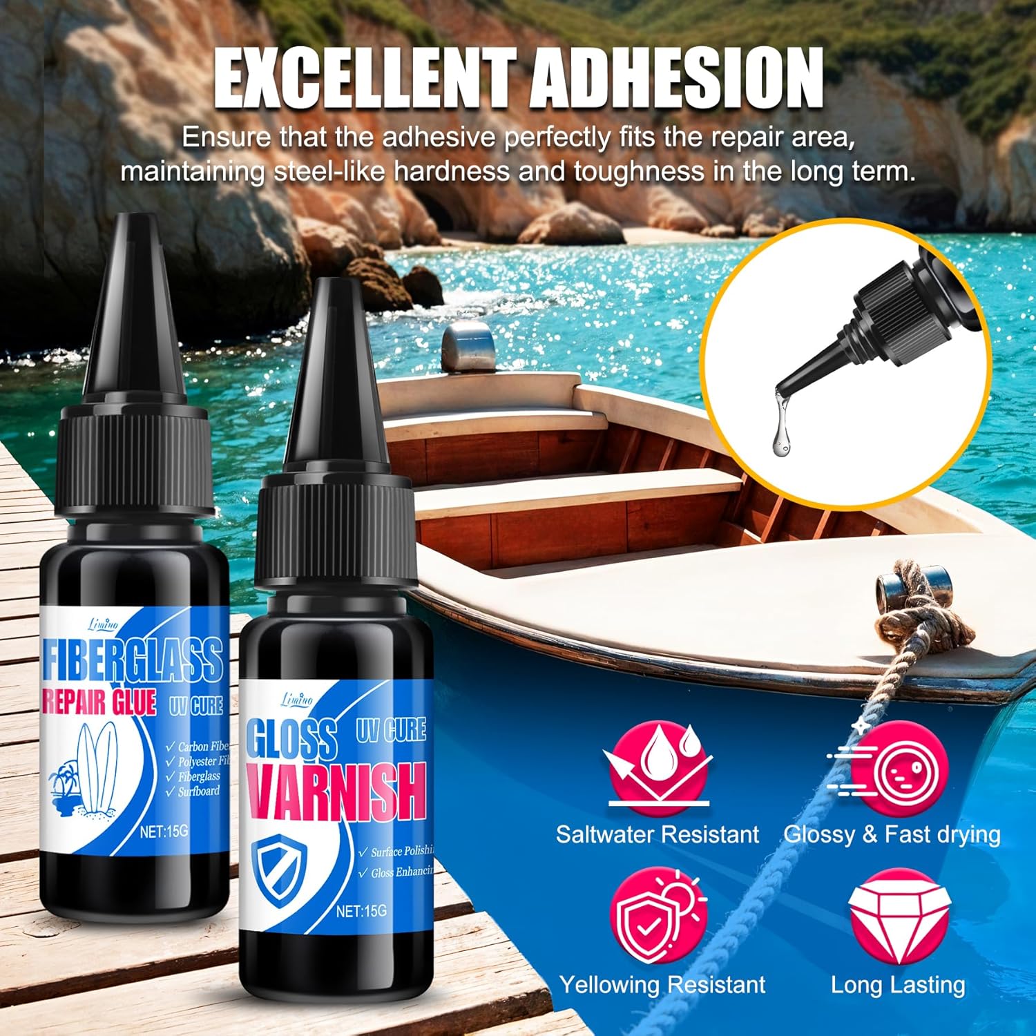 Fiberglass Repair Kit - Surfboard Repair Kit, UV Repair Glue with UV Light, Quickly Repair Scratches, Holes, and Gaps in Fiberglass, Polyester, Carbon Fiber - Fiberglass Filler for Surfboard Gelcoat - Image 3