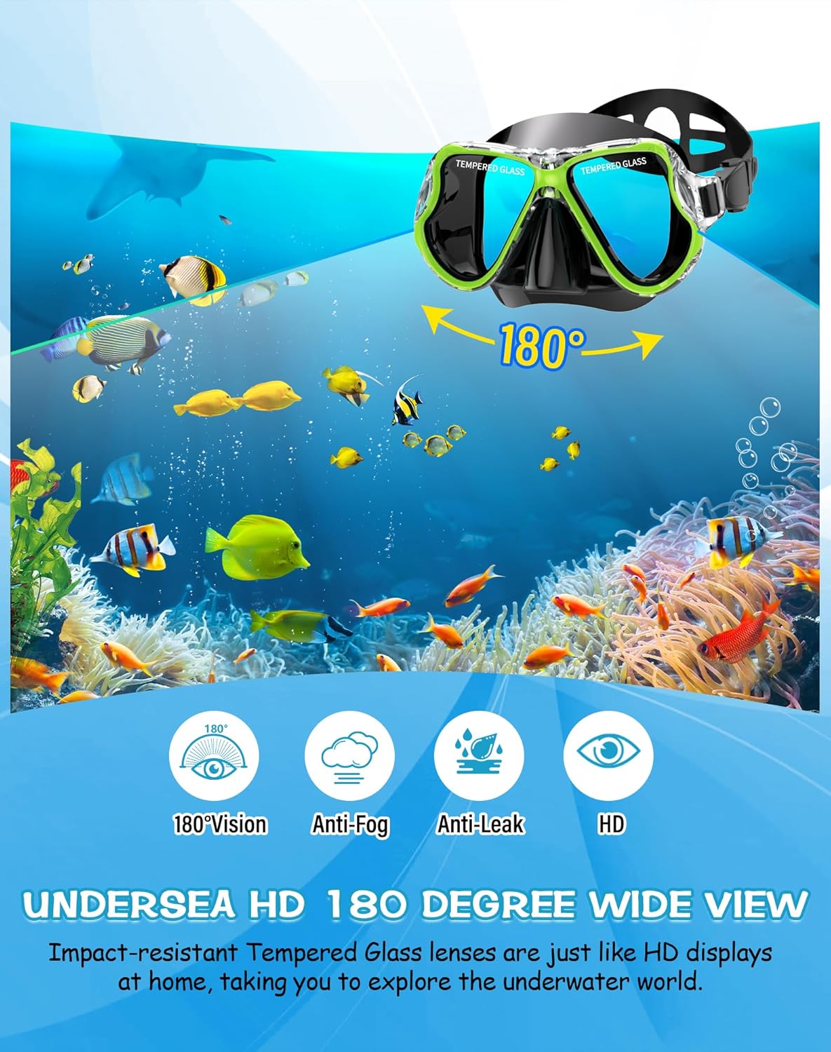 Greatever Dry Snorkel Set,Panoramic Wide View Anti-Fog Scuba Diving Mask,Professional Snorkeling Gear for Adults Kids - Image 2