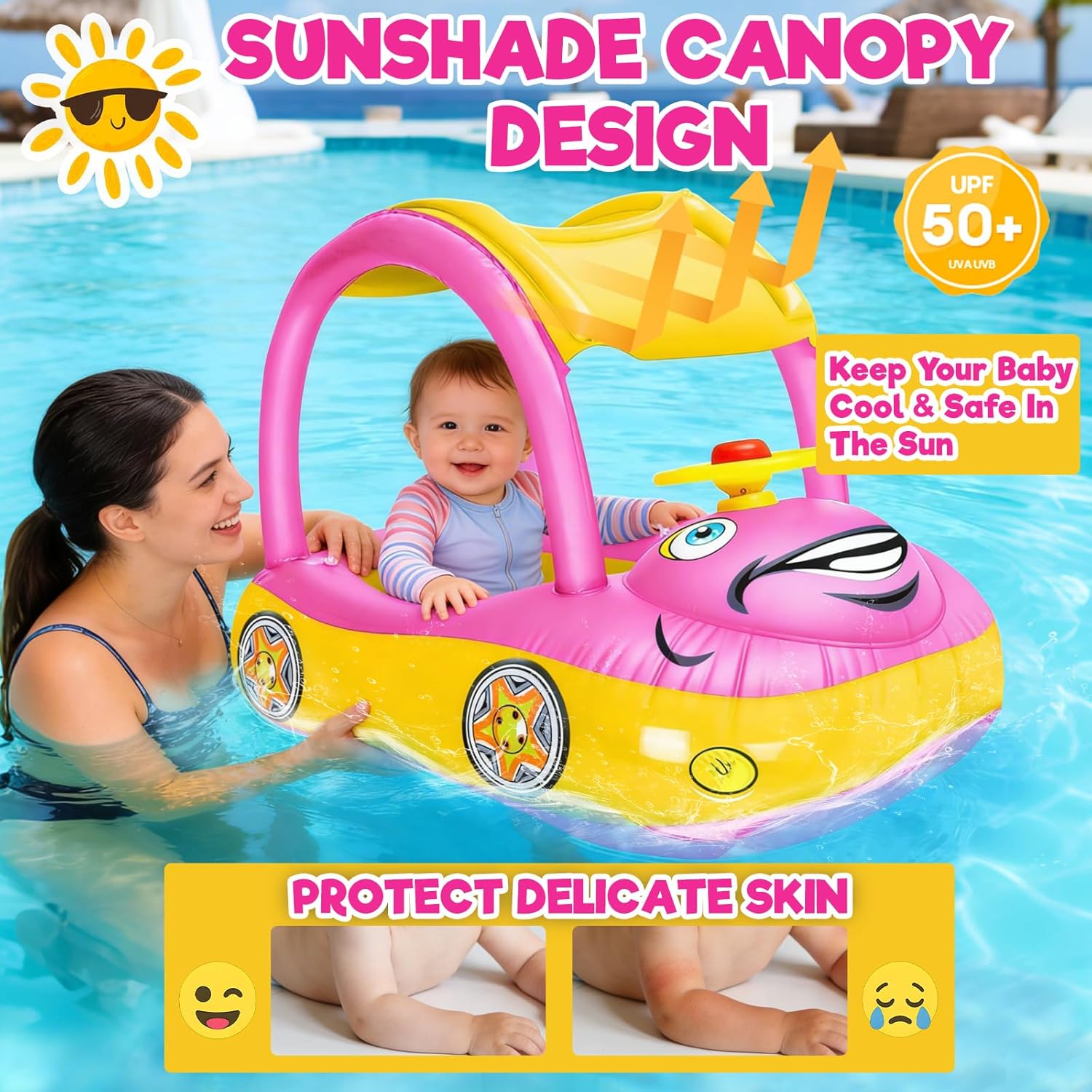 iGeeKid Inflatable Baby Pool Float with Canopy, Safty Seat for Infant Baby Swim Float Rings Car Shaped Swimming Pool Floaties for Babies Toddler Age of 18-36 Months (Pink) - Image 2