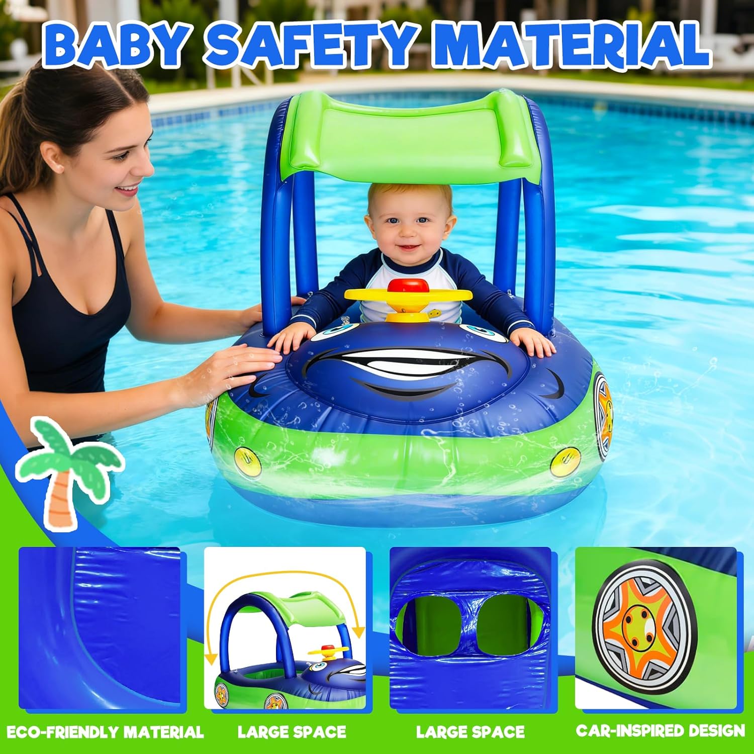 iGeeKid Inflatable Baby Pool Float with Canopy, Safty Seat for Infant Baby Swim Float Rings Car Shaped Swimming Pool Floaties for Babies Toddler Age of 18-36 Months (Blue) - Image 6