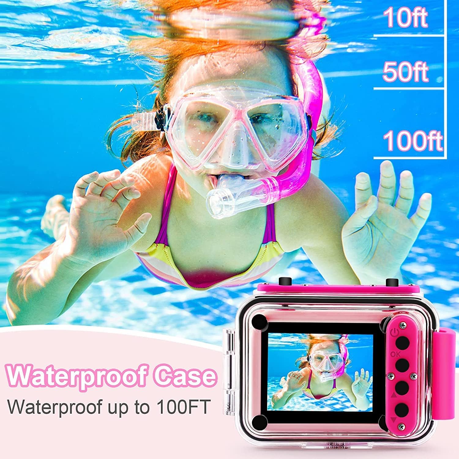 Pool Toy & Kids Underwater Camera - 99FT Waterproof Kid Action Camera 1080P Video&20MP Photo with Flip Lens, Includes 32GB Card for Diving Swimming Beach Snorkeling,Birthday Gift for Girls - GKTZ - Image 2