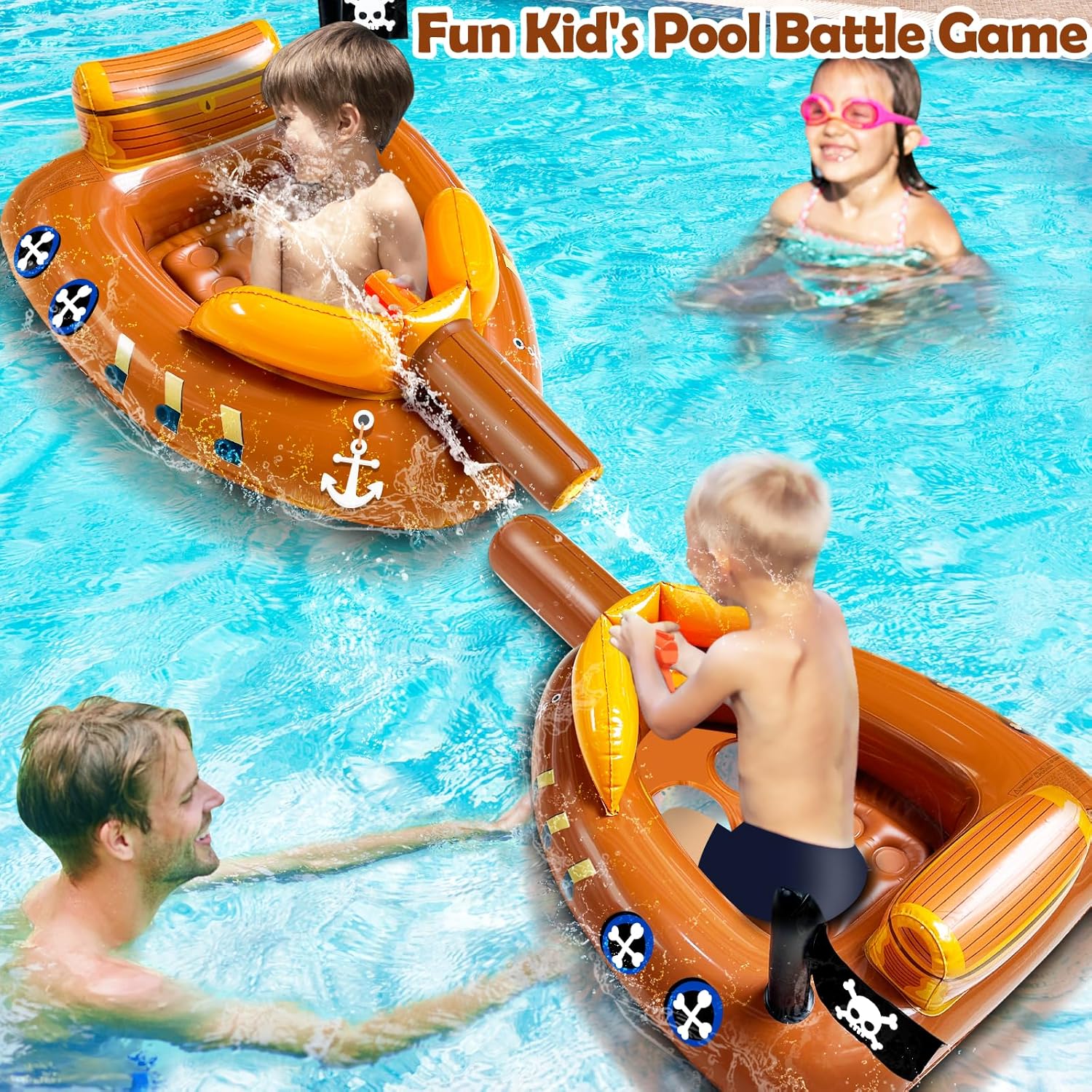 Inflatable Pirate Ship Pool Floats Kids 3-11 Years Toddler Pool Floaties with Water Cannon Gun Swimming Pool Toys Boys Girls Party Float Ride-on Floaty Rafts with Safety Seat Summer Outdoor Water Game - Image 4