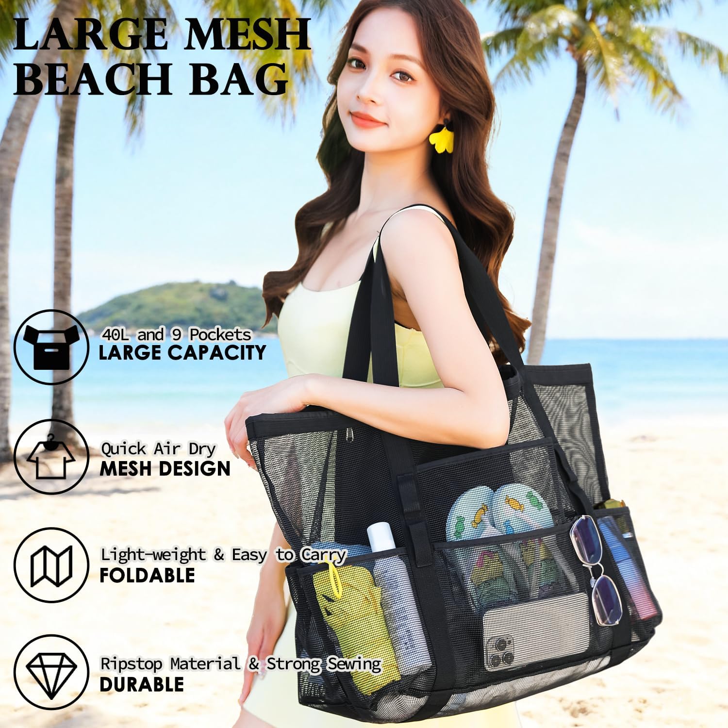 Mesh Beach Bag, Large Beach Tote with Zipper Pocket, Toys Pool Bag for Family Travel Vacation Cruise Essentials - Image 3