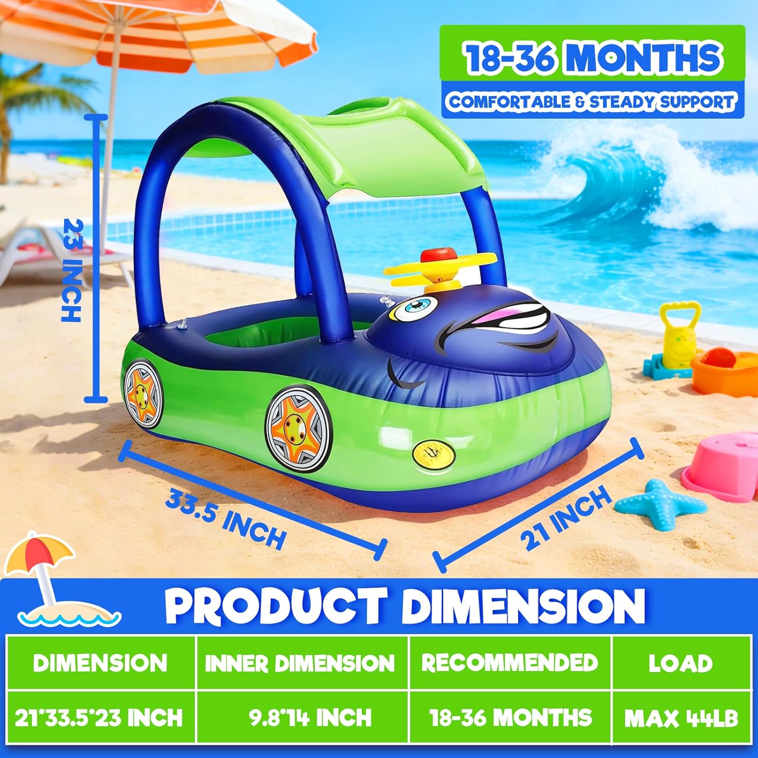 iGeeKid Inflatable Baby Pool Float with Canopy, Safty Seat for Infant Baby Swim Float Rings Car Shaped Swimming Pool Floaties for Babies Toddler Age of 18-36 Months (Blue) - Image 5