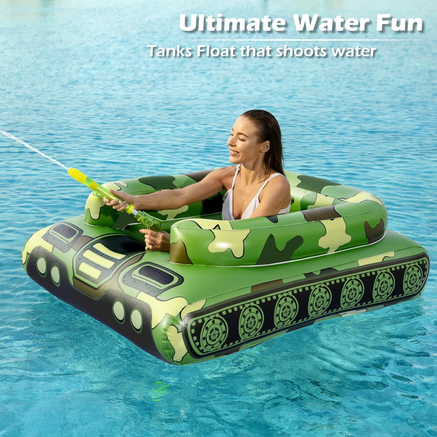 Jasonwell Inflatable Tank Swimming Pool Floaties with Water Cannon Gun Swim Floaty Rafts for Lake, Beach & Pool Party Toys for Boys, Girls, Kids & Adults- Green - Image 2