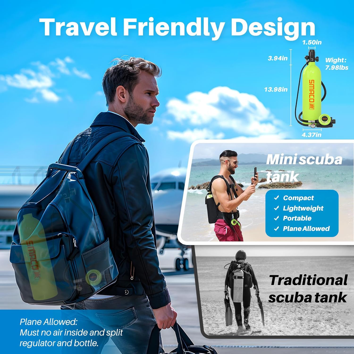 SMACO S700 Plus Mini Scuba Tank 1.9L Portable Diving Tank Reusable Pony Bottle for Underwater Exploration Lung Air Tank Kit Diving Cylinder for Emergency Rescue Boat Cleaning Backup Air Source - Image 3