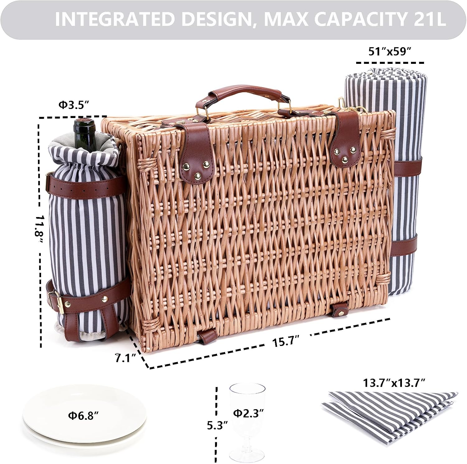 Picnic Basket with Blanket and Wine Pouch for 2 Wicker Picnic Set with Insulated Liner Cooler Bag Hamper for Camping,Wedding - Stripes - Image 3