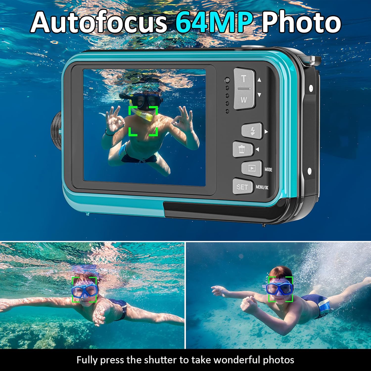 4K Underwater Camera 16FT Waterproof Camera with 32GB Card 64MP Autofocus Dual-Screen Selfie Underwater Camera for Snorkeling Waterproof Compact Floatable Digital Camera 1250mAh Battery Type-C (Blue) - Image 4