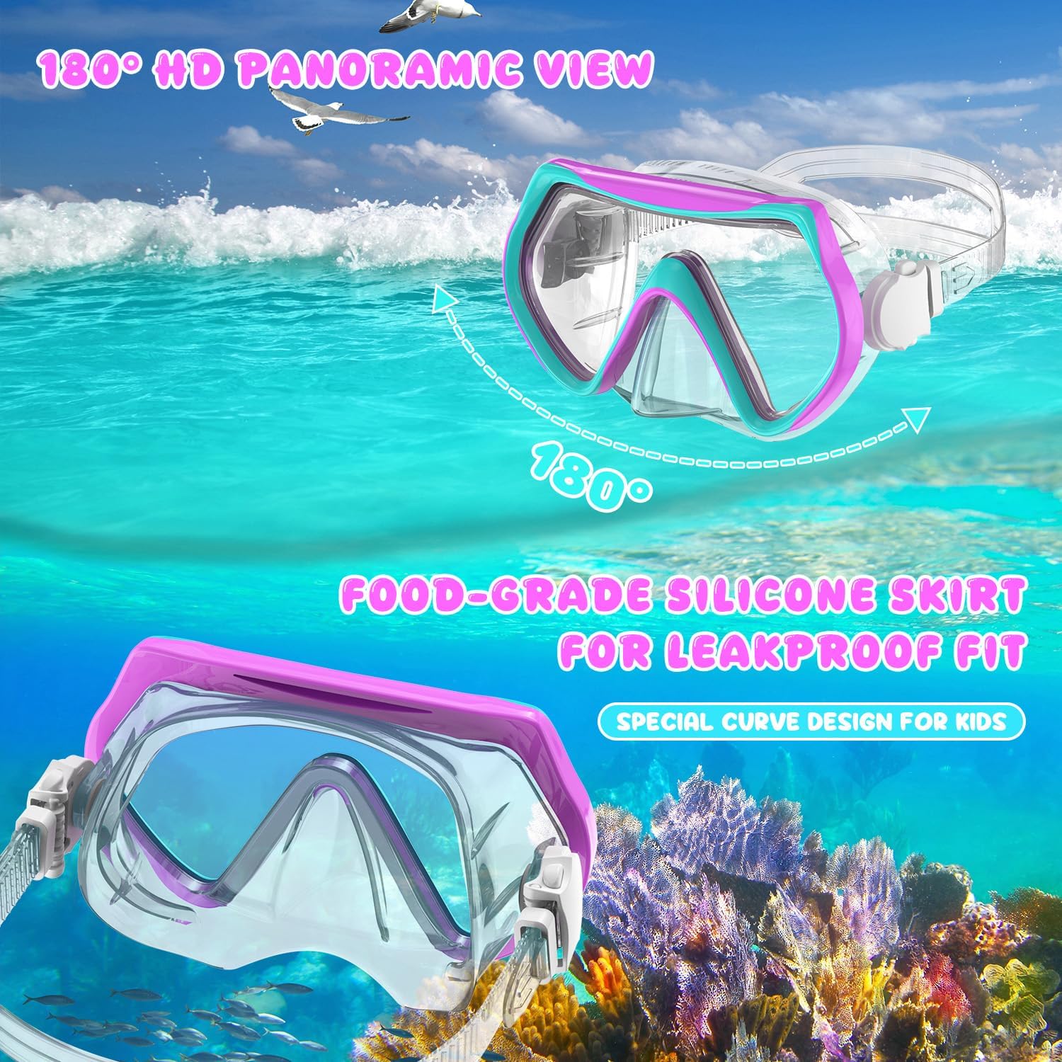 Snorkeling Gear for Kids, Kid Mask Fins Dry Top Snorkel Set, Youth Boys Girls Junior Age 6-14 Swimming Diving Swim Fins, Tempered Glass Panoramic View Travel Packages - Image 3
