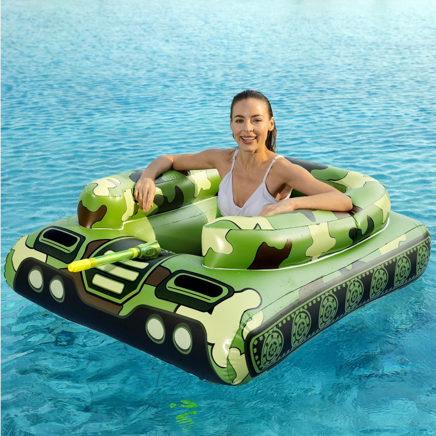 Jasonwell Inflatable Tank Swimming Pool Floaties with Water Cannon Gun Swim Floaty Rafts for Lake, Beach & Pool Party Toys for Boys, Girls, Kids & Adults- Green - Image 7