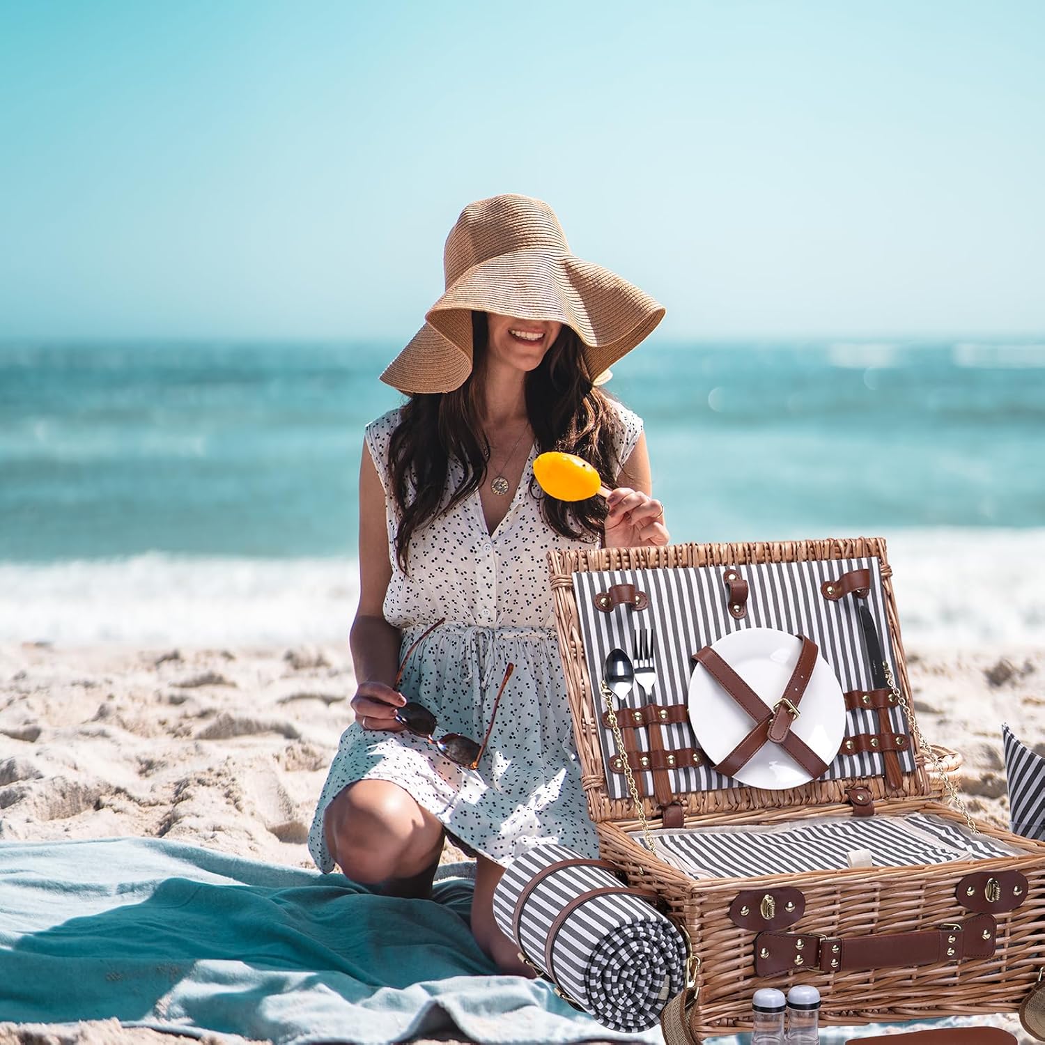 Picnic Basket with Blanket and Wine Pouch for 2 Wicker Picnic Set with Insulated Liner Cooler Bag Hamper for Camping,Wedding - Stripes - Image 2