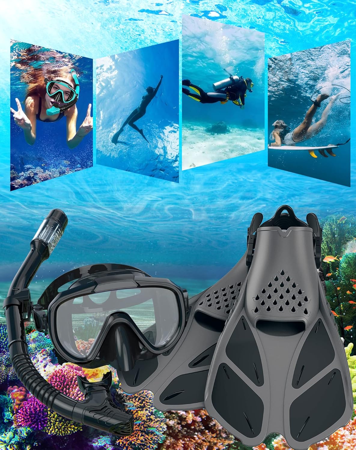 Snorkeling Gear for Adults Men Women,4 in 1 Snorkel Set with Panoramic View Diving Mask Anti-Fog Anti-Leak,Dry Top Snorkel,Fins and Travel Bag for Swimming,Snorkeling and Travel Diving - Image 7