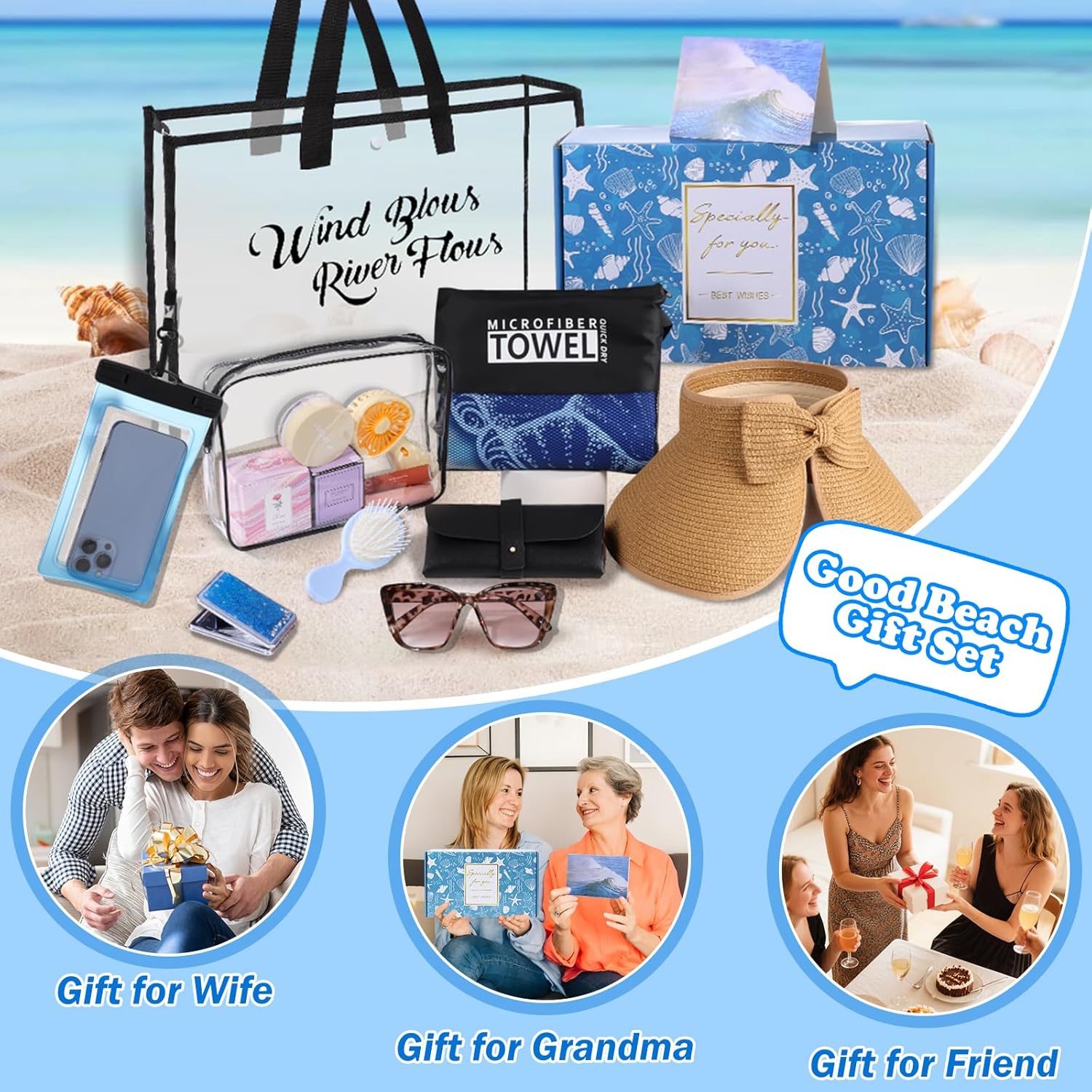 Beach Gifts for Women, Beach Gifts Set for Beach Lovers, Beach Towel Vacation Travel Essentials Birthday Graduation Gift Baskets for Friends Sister Multipurpose Waterproof Travel Tote Bag - Image 8