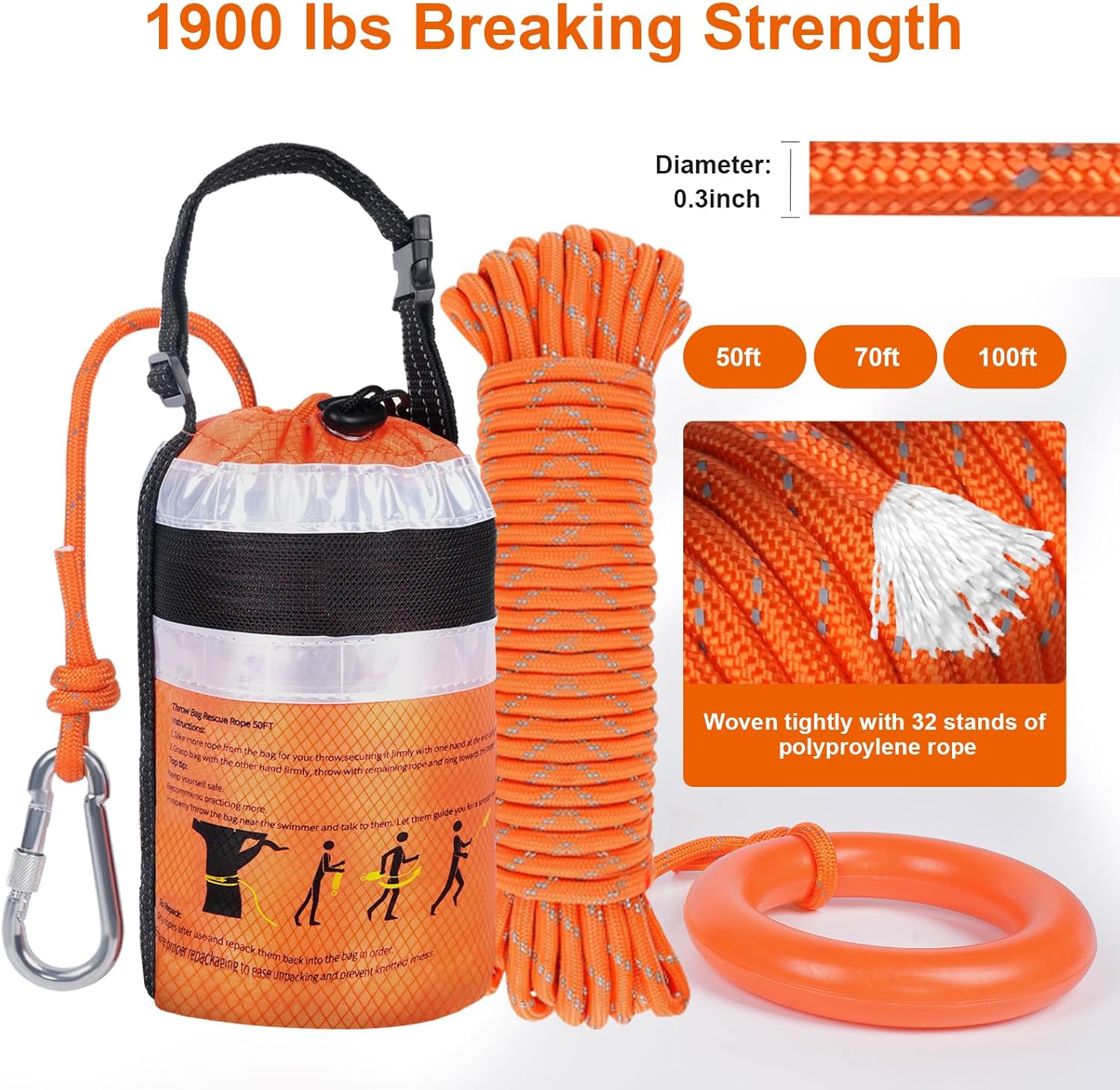 Water Rescue Throw Bag - 3/10 Inch Rope with 50FT /70FT/100FT Length Up to 1900lbs Tensile Strength Throwable Flotation Device - Emergency Safety Equipment for Kayak Raft Boat - Image 8