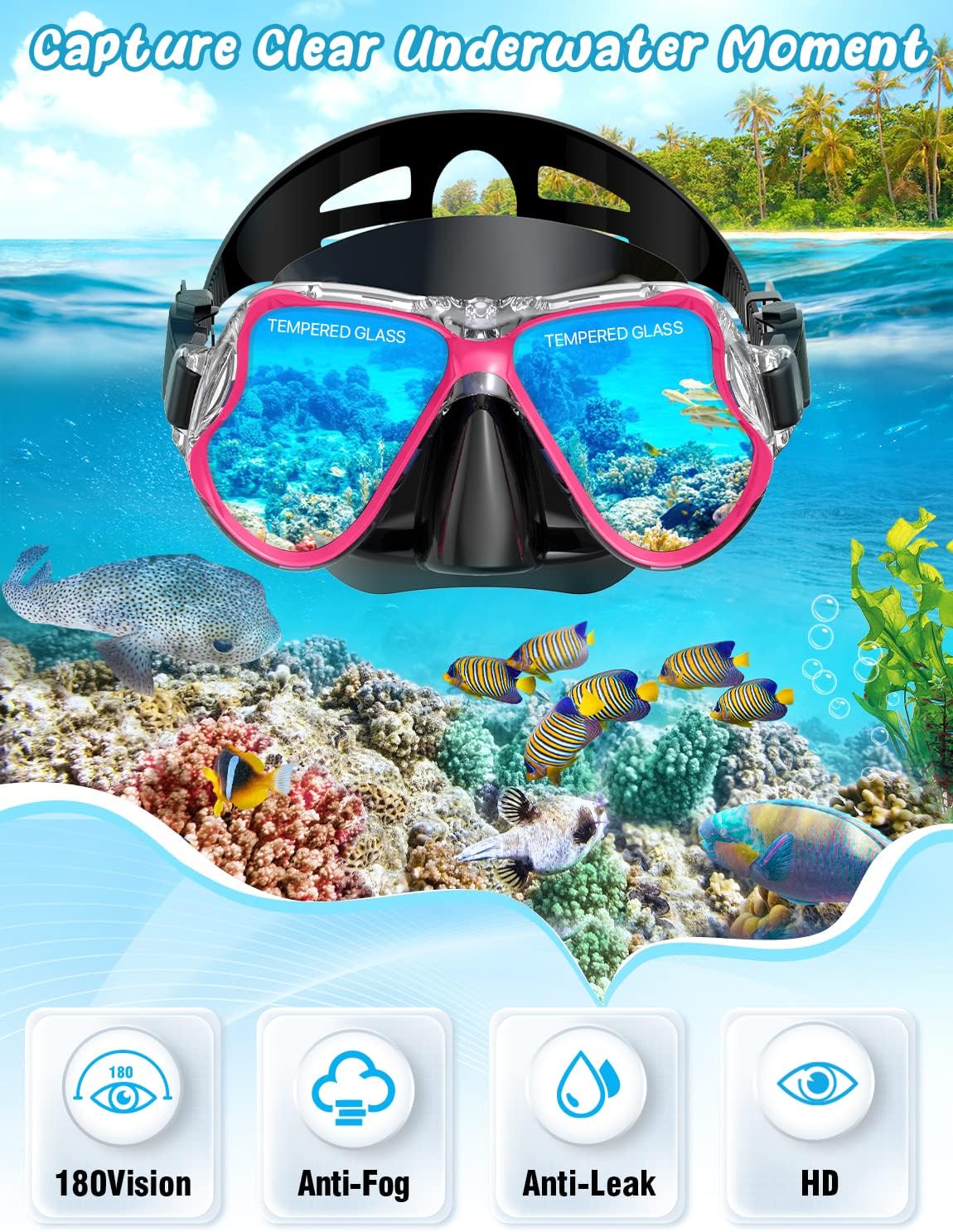 Zenoplige Mask Fins Snorkel Set, Snorkeling Gear for Adults, Panoramic View Snorkel Mask Anti-Fog, Adjustable Dive Flippers, Dry Top Snorkel and Travel Bag, Scuba Gear for Swimming Snorkeling Diving - Image 2