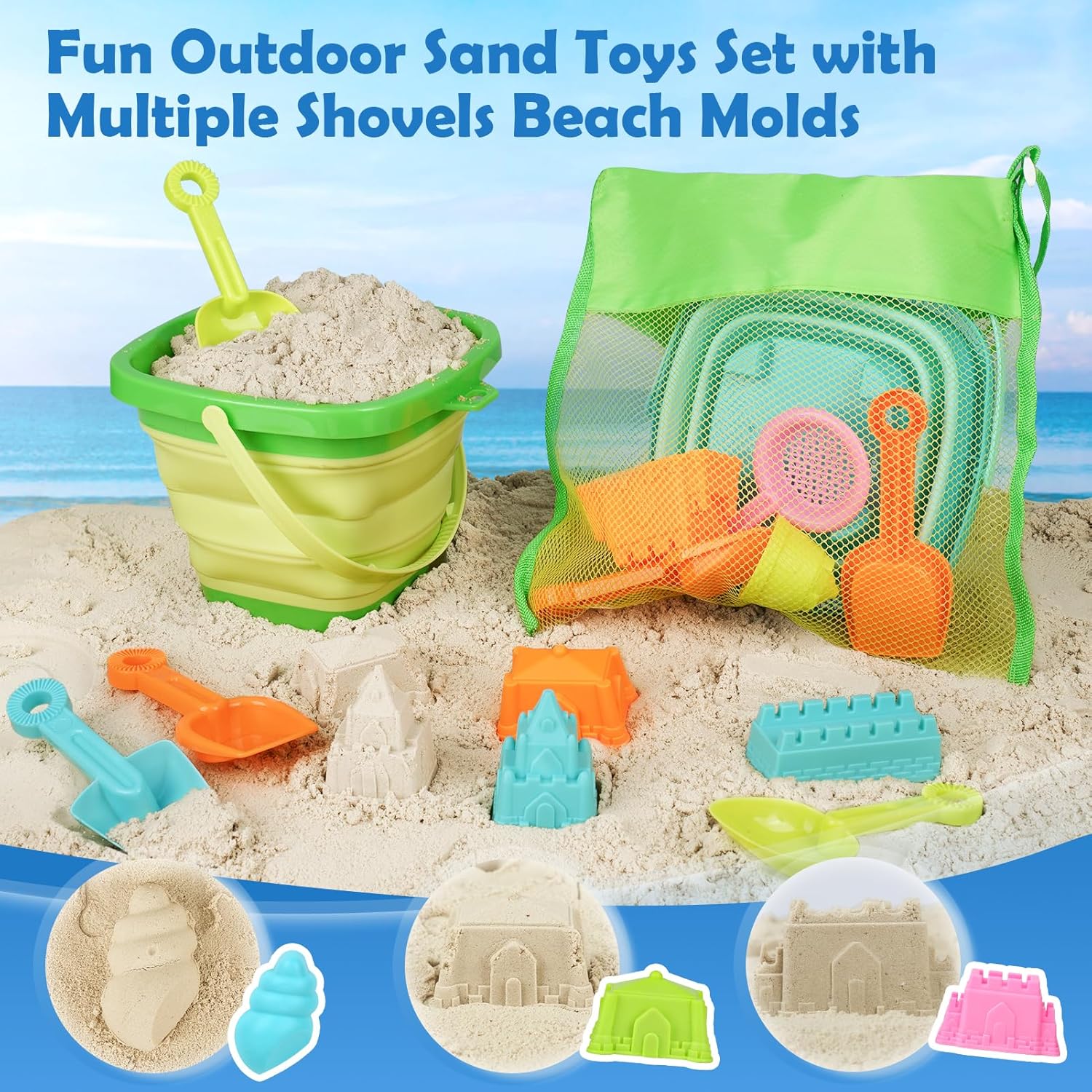 Dreamon Beach Toys for Kids 3-10, Collapsible Sand Toys Include 3 Pack Foldable Buckets with Mesh Bag, 24 PCS Beach Mold and Shovels Molds, Travel Sandbox Beach Toys for Toddler - Image 3
