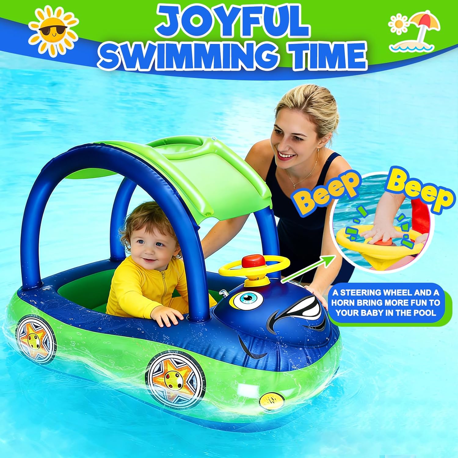 iGeeKid Inflatable Baby Pool Float with Canopy, Safty Seat for Infant Baby Swim Float Rings Car Shaped Swimming Pool Floaties for Babies Toddler Age of 18-36 Months (Blue) - Image 3