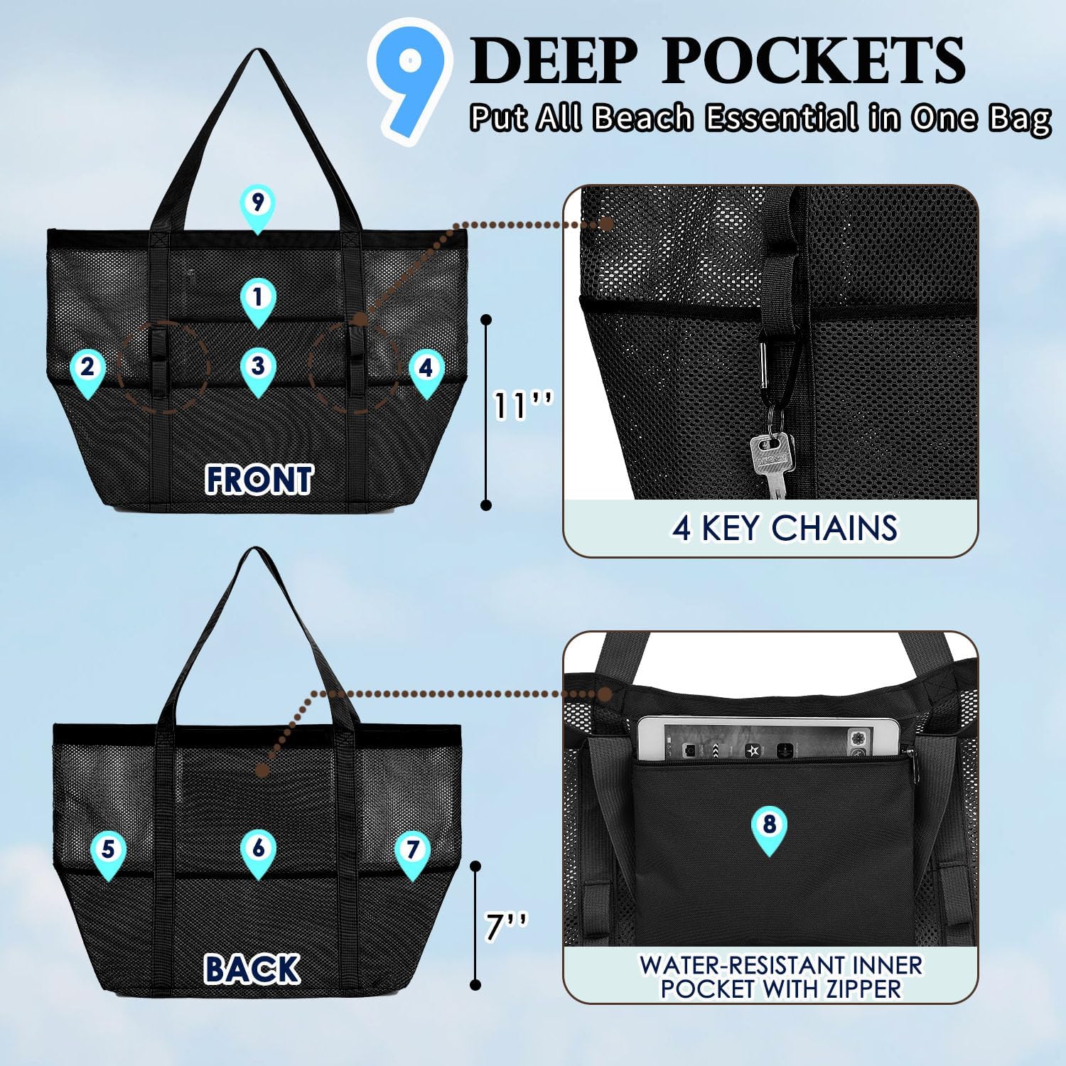 Mesh Beach Bag, Large Beach Tote with Zipper Pocket, Toys Pool Bag for Family Travel Vacation Cruise Essentials - Image 5