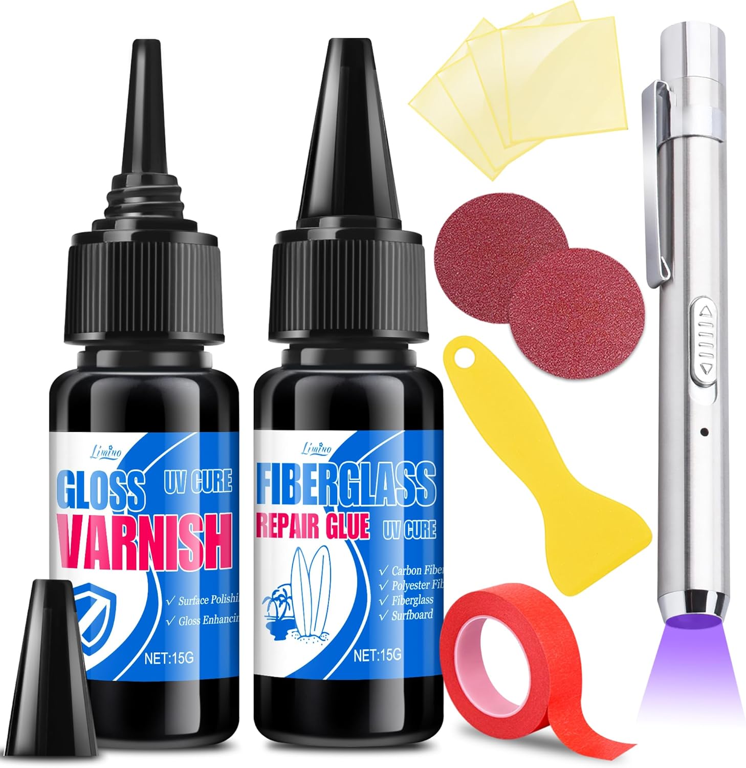 Fiberglass Repair Kit - Surfboard Repair Kit, UV Repair Glue with UV Light, Quickly Repair Scratches, Holes, and Gaps in Fiberglass, Polyester, Carbon Fiber - Fiberglass Filler for Surfboard Gelcoat