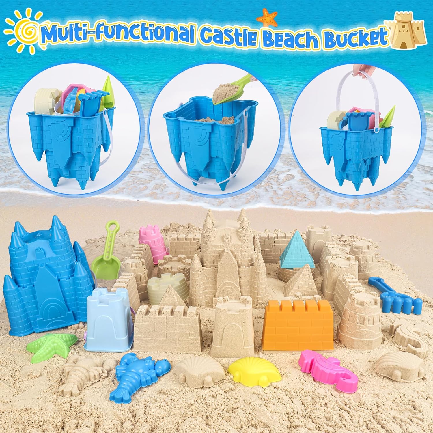 Beach Toys Sand Toys for Kids, Sand Castle Toys with Castle Bucket, Sand Molds, Shovel and Rake, Sandbox Toy for Toddlers 1-3 4 5 6 7 8 9 10 12, Beach Summer Accessories for Kids - Image 2