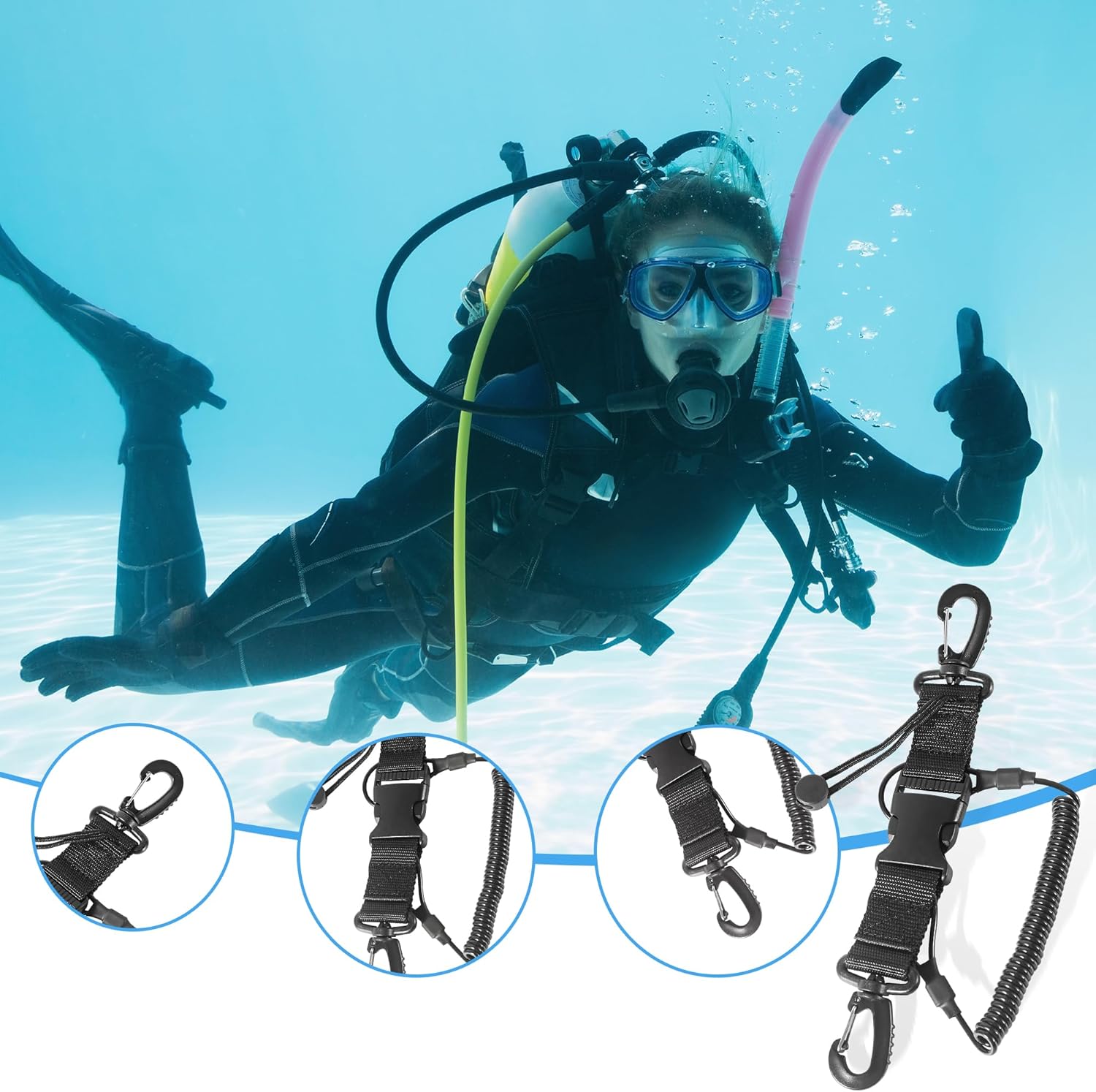 2 Pack Scuba Diving Lanyard,Coiled Lanyard with Quick Release Buckle, Ideal for Dive Cameras and Lights, Great for Scuba Diving Adventures Secure Your Gear with Clip and Webbing Strap - Image 4